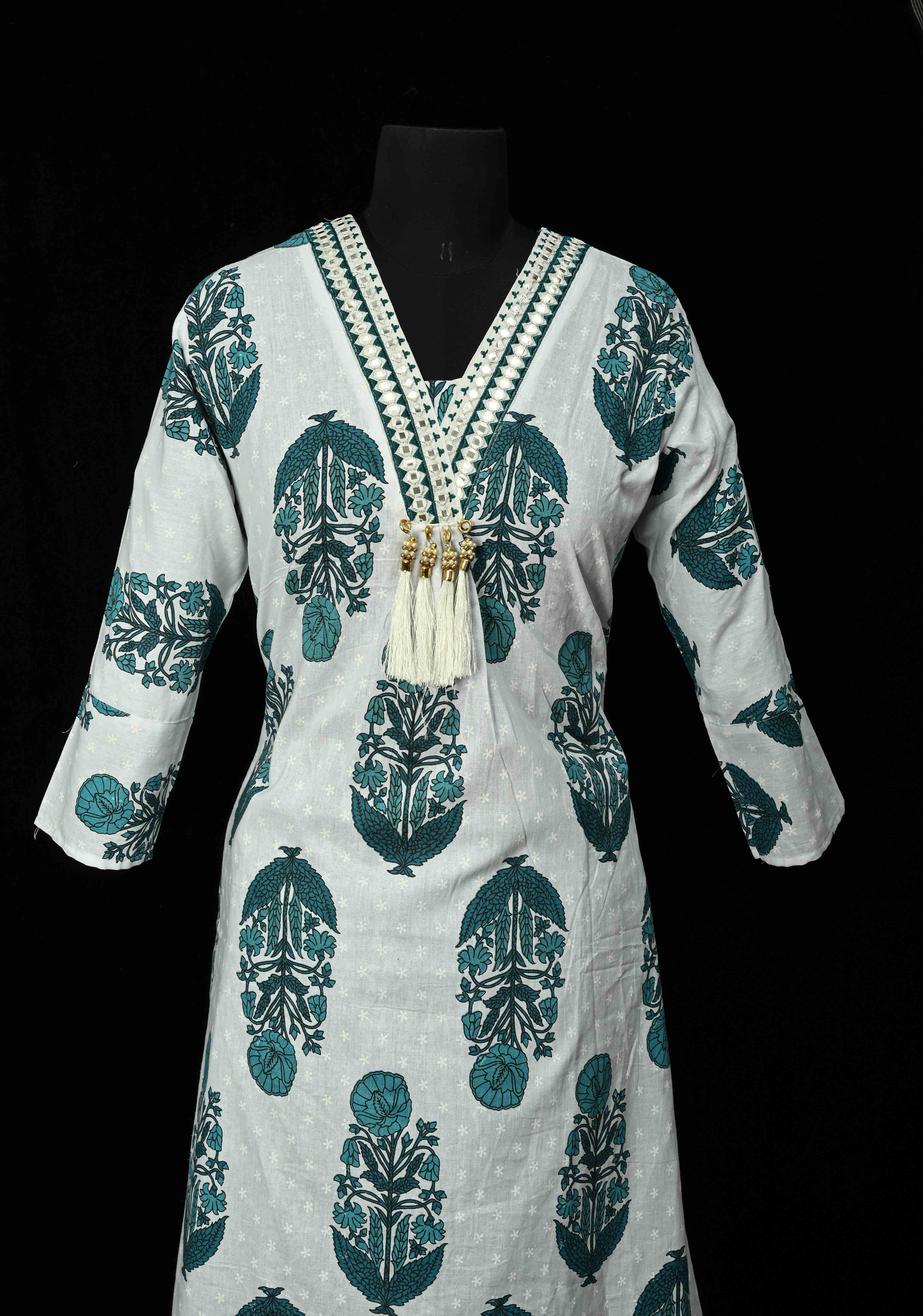 Blue A-Line Printed Cotton Kurti & Pant Set | Made to Order | SHOBITAM