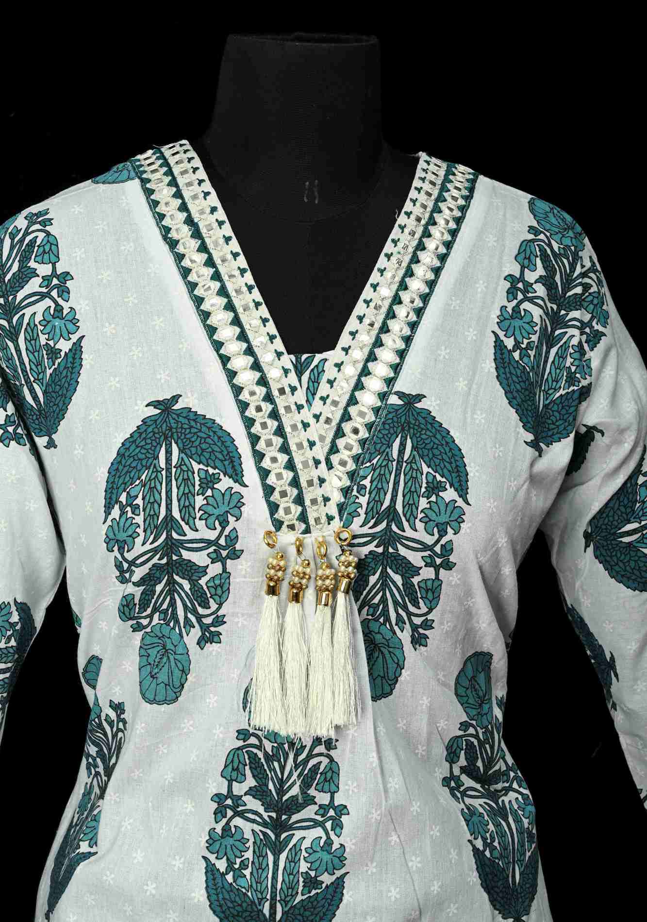 Blue A-Line Printed Cotton Kurti & Pant Set | Made to Order