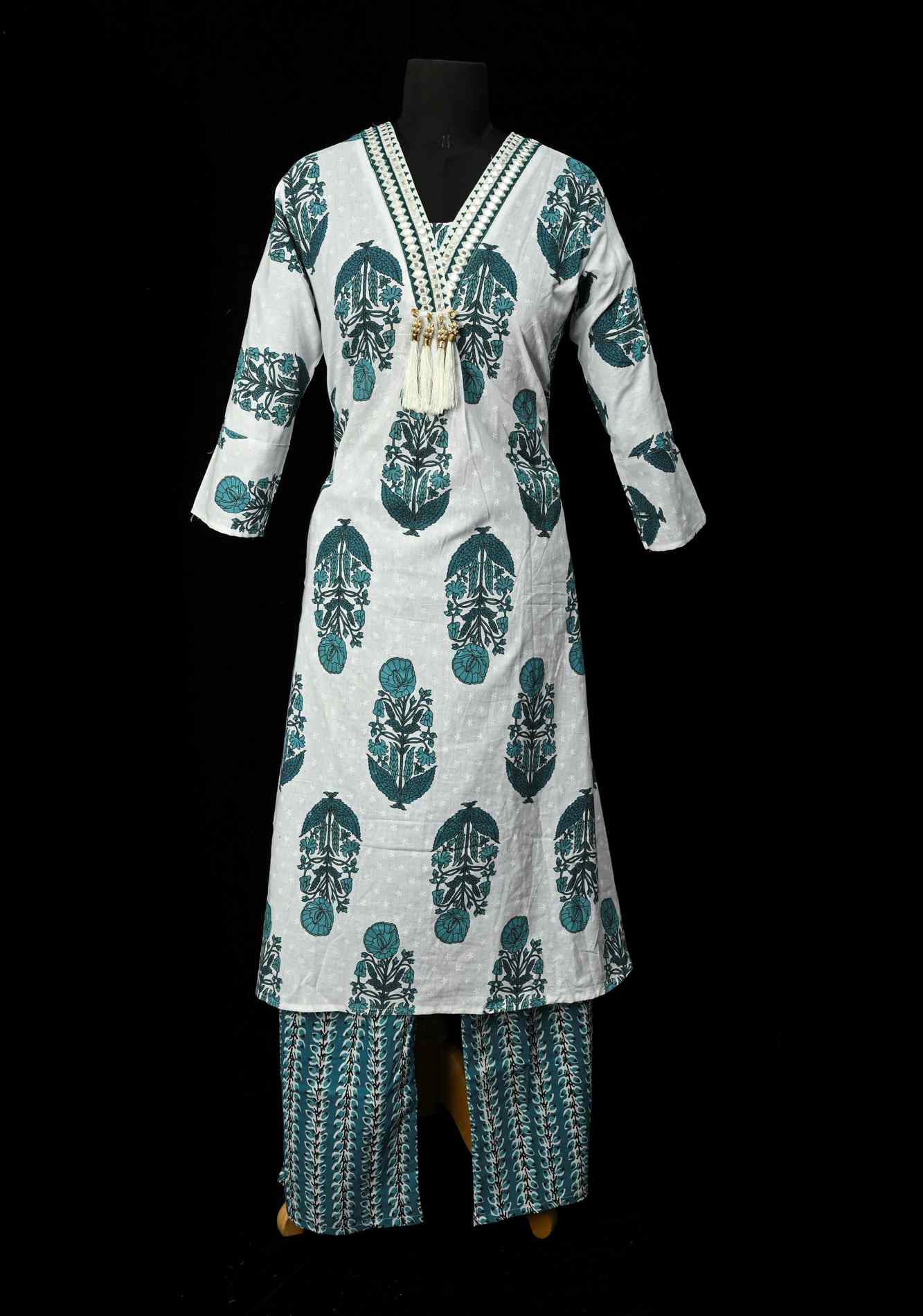 Blue A-Line Printed Cotton Kurti & Pant Set | Made to Order