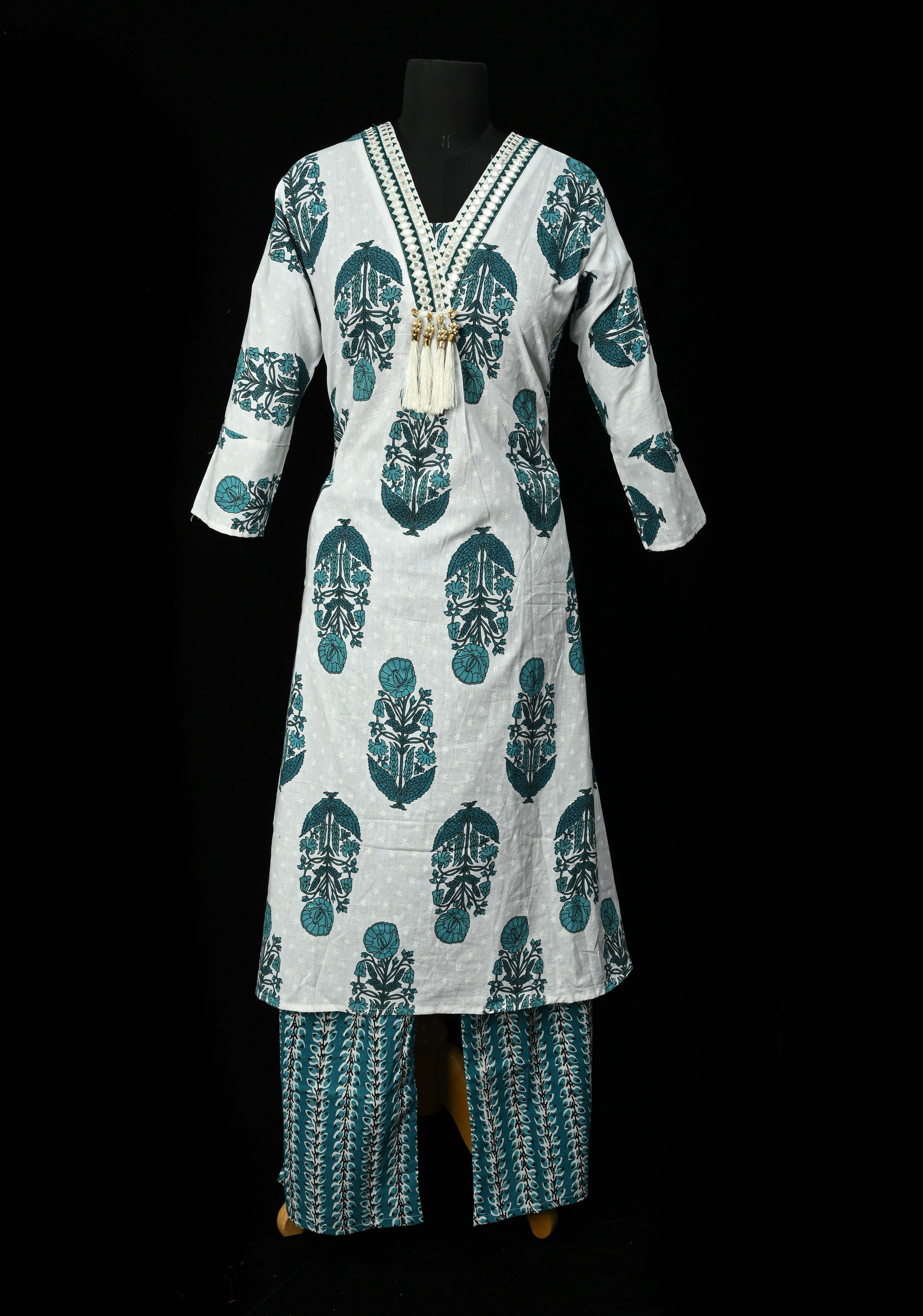 Blue A-Line Printed Cotton Kurti & Pant Set | Made to Order | SHOBITAM