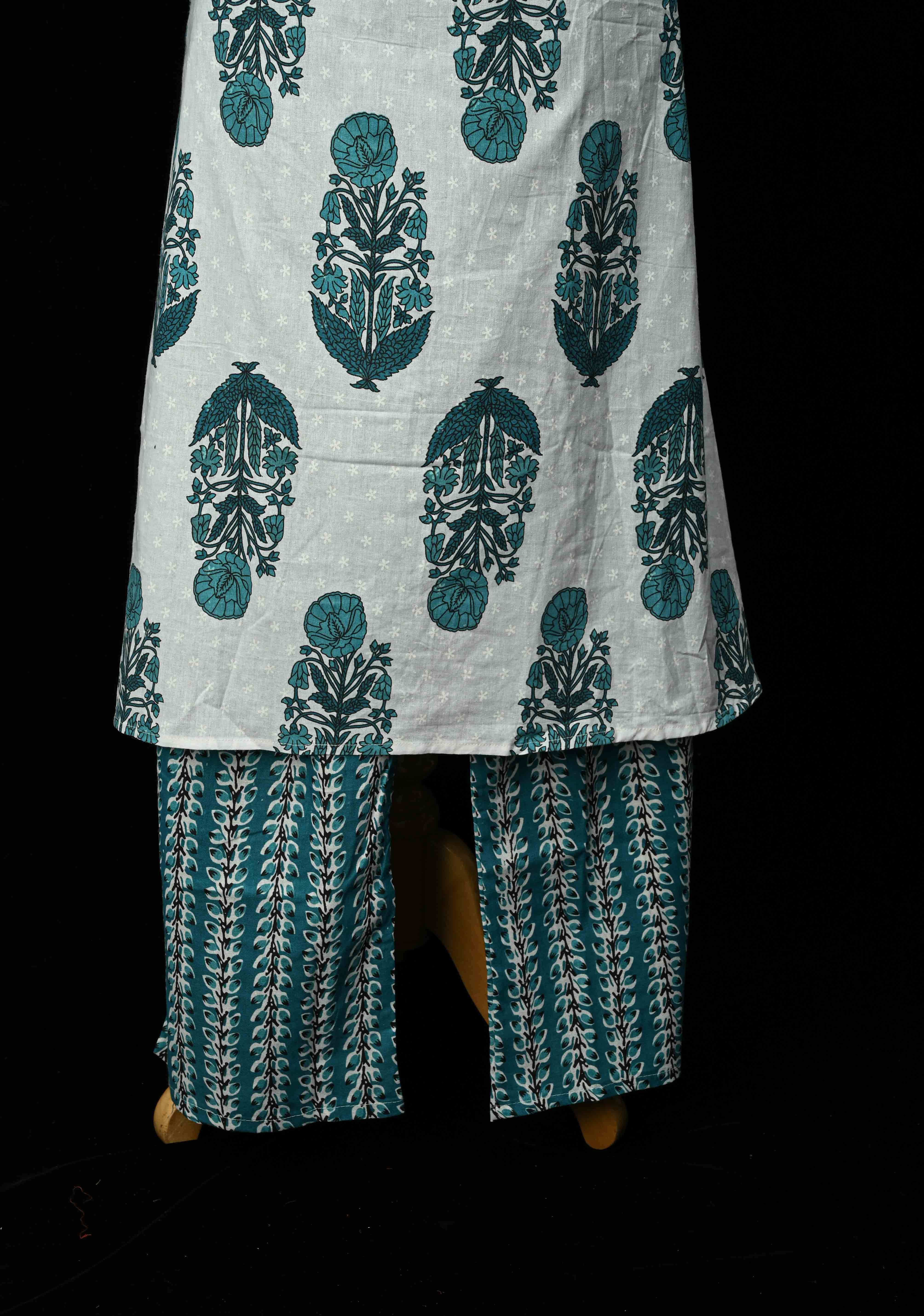 Blue A-Line Printed Cotton Kurti & Pant Set | Made to Order | SHOBITAM