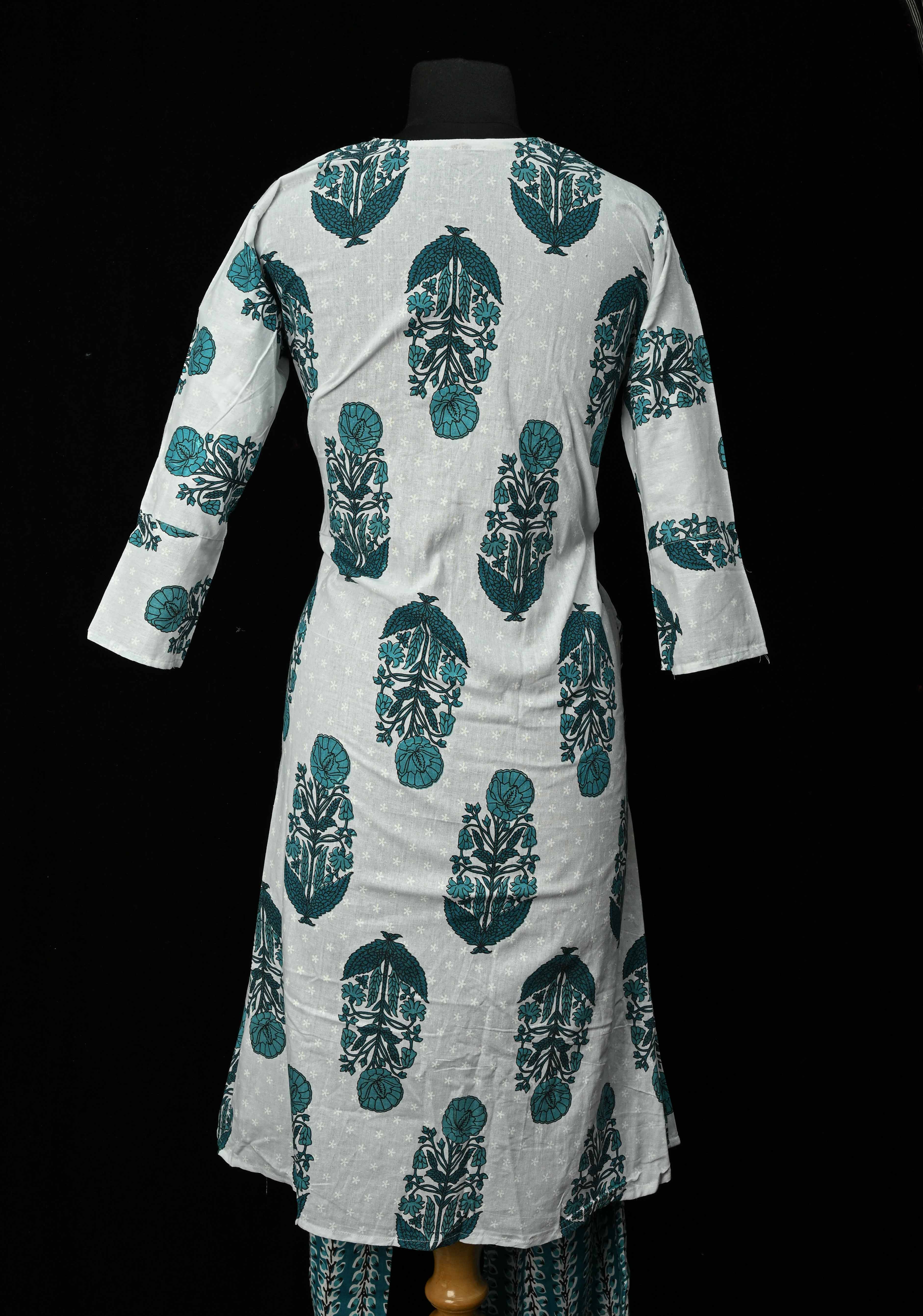 Blue A-Line Printed Cotton Kurti & Pant Set | Made to Order | SHOBITAM