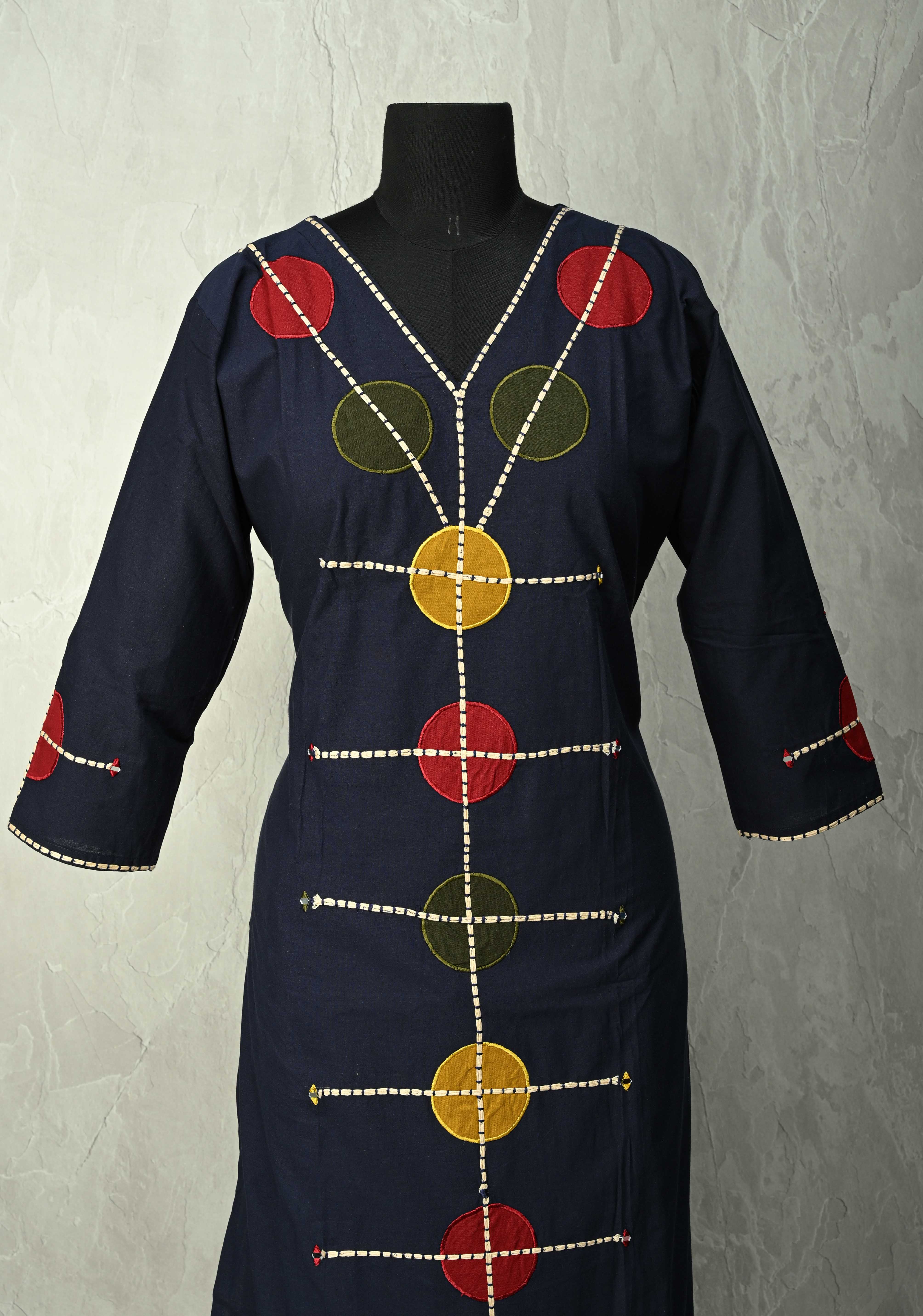 Navy Cotton Designer Patch Kurti Set – Hand Embroidered Details | Made to Order | SHOBITAM