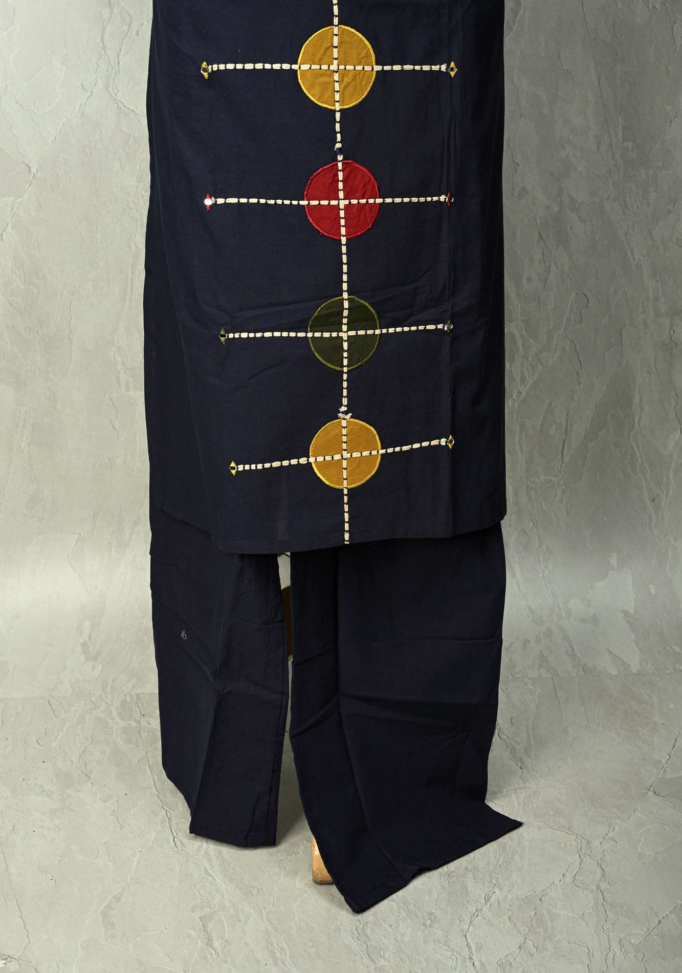 Navy Cotton Designer Patch Kurti Set – Hand Embroidered Details | Made to Order