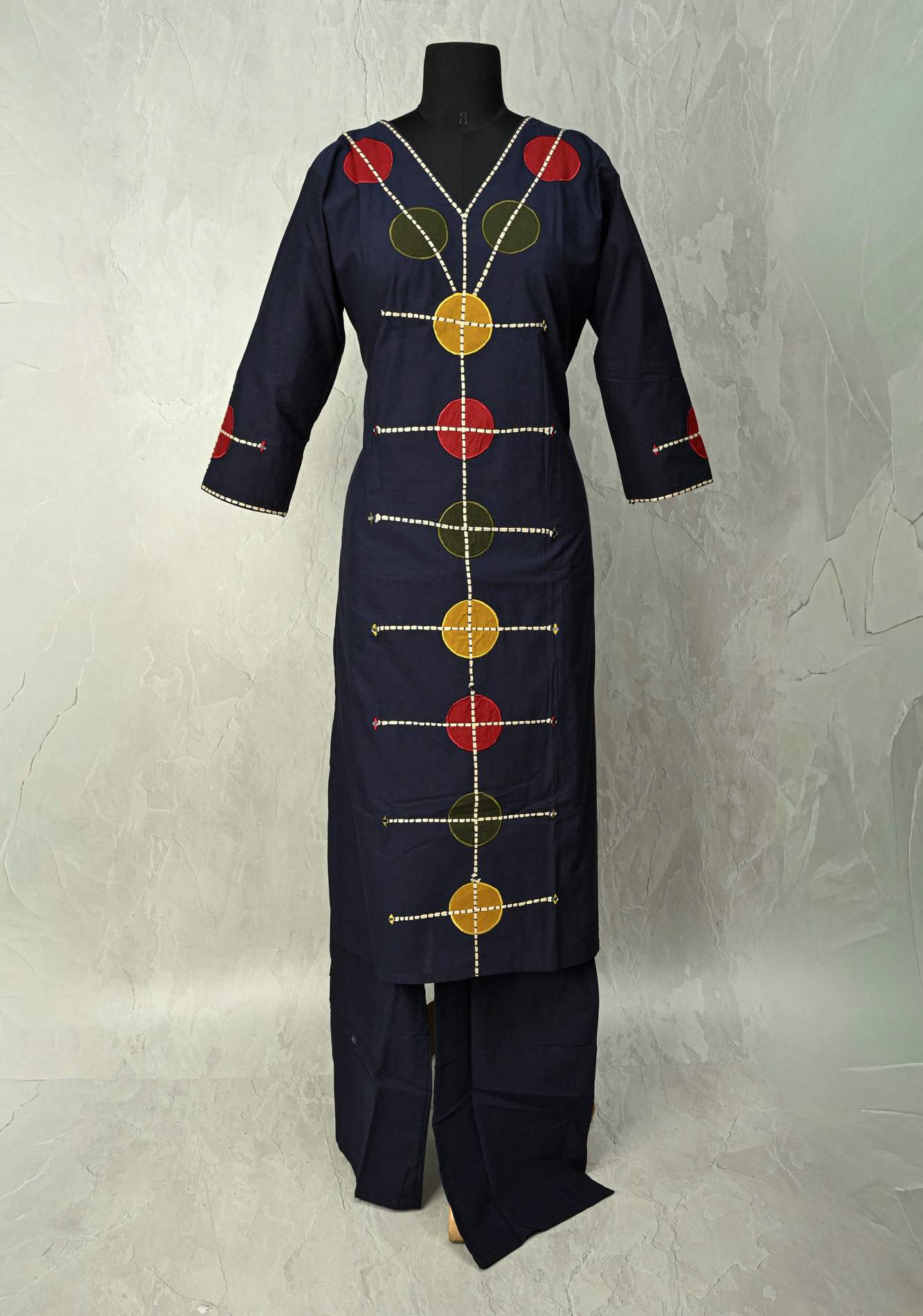 Navy Cotton Designer Patch Kurti Set – Hand Embroidered Details | Made to Order