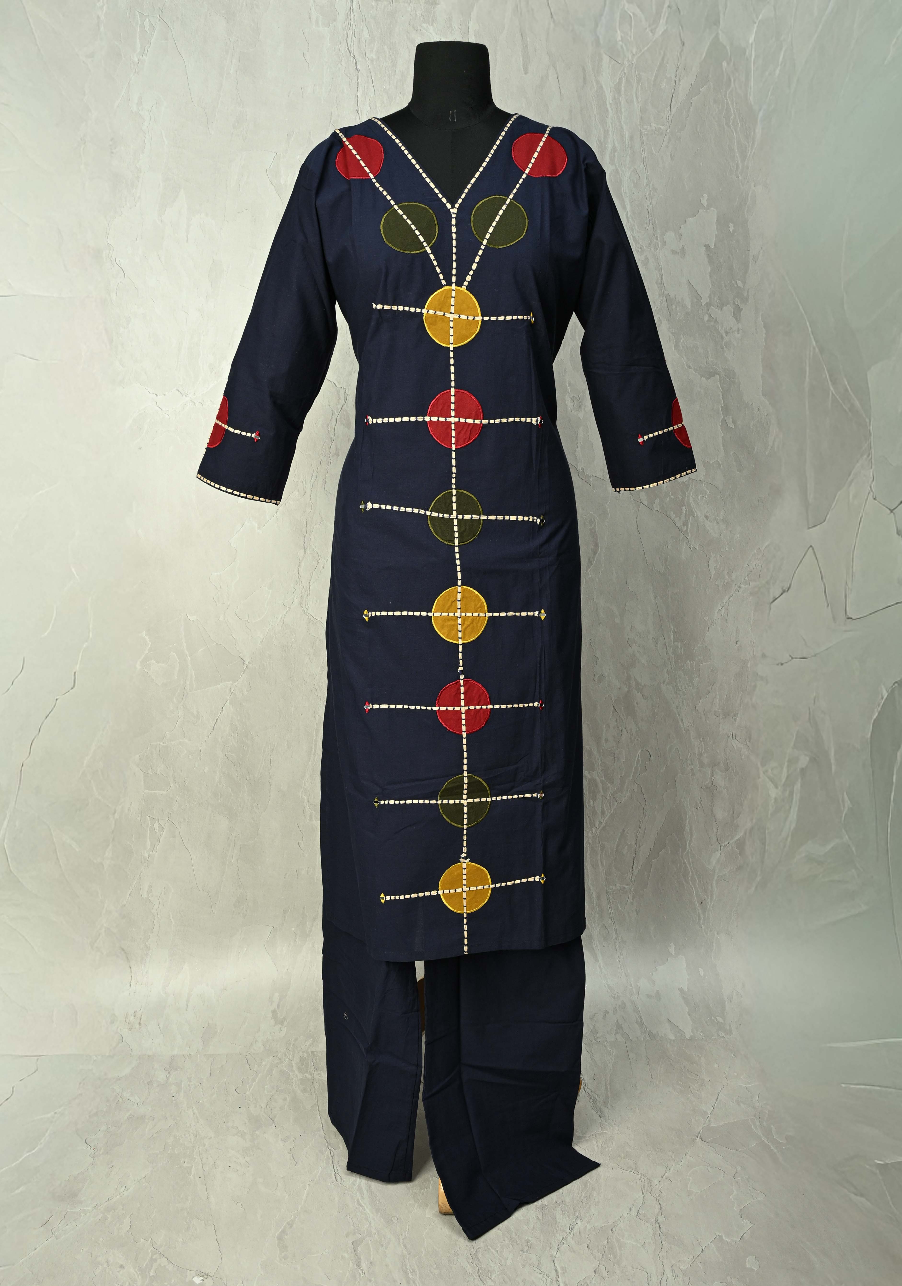Navy Cotton Designer Patch Kurti Set – Hand Embroidered Details | Made to Order | SHOBITAM
