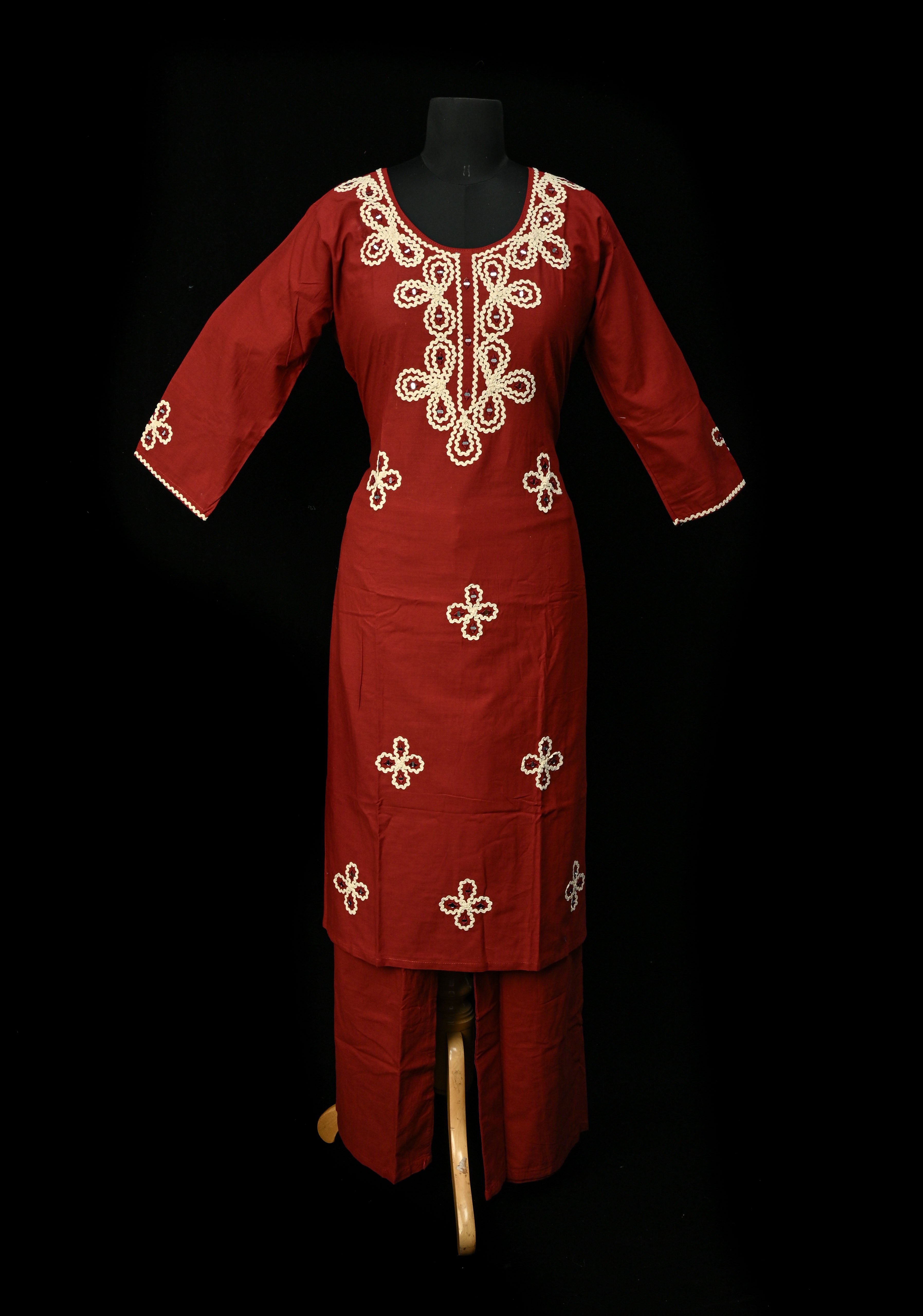 Maroon Cotton Applique Neck Kurti Set | Made to Order | SHOBITAM