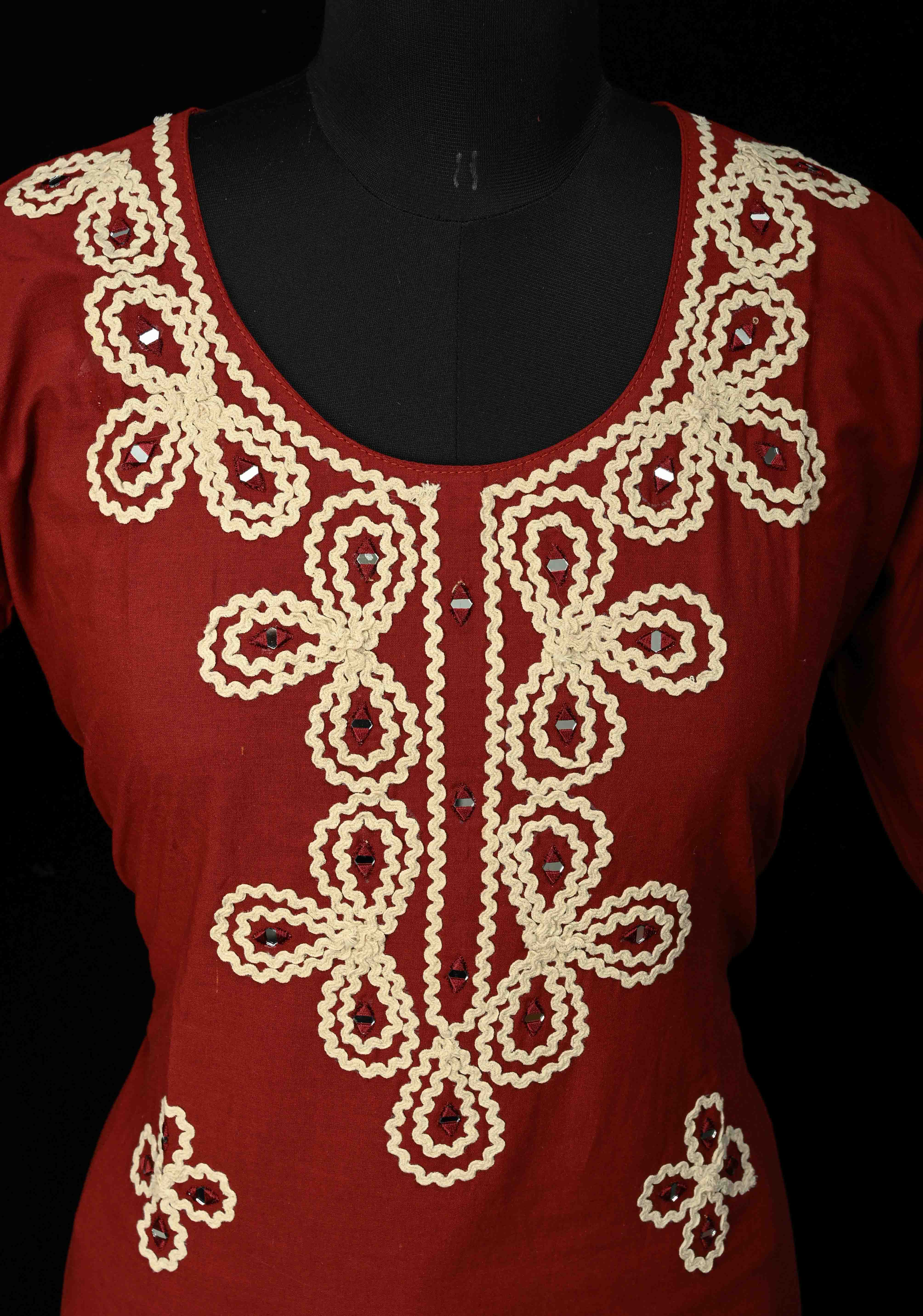 Maroon Cotton Applique Neck Kurti Set | Made to Order | SHOBITAM