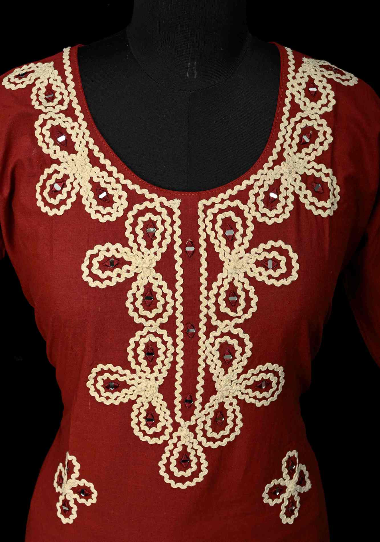 Maroon Cotton Applique Neck Kurti Set | Made to Order