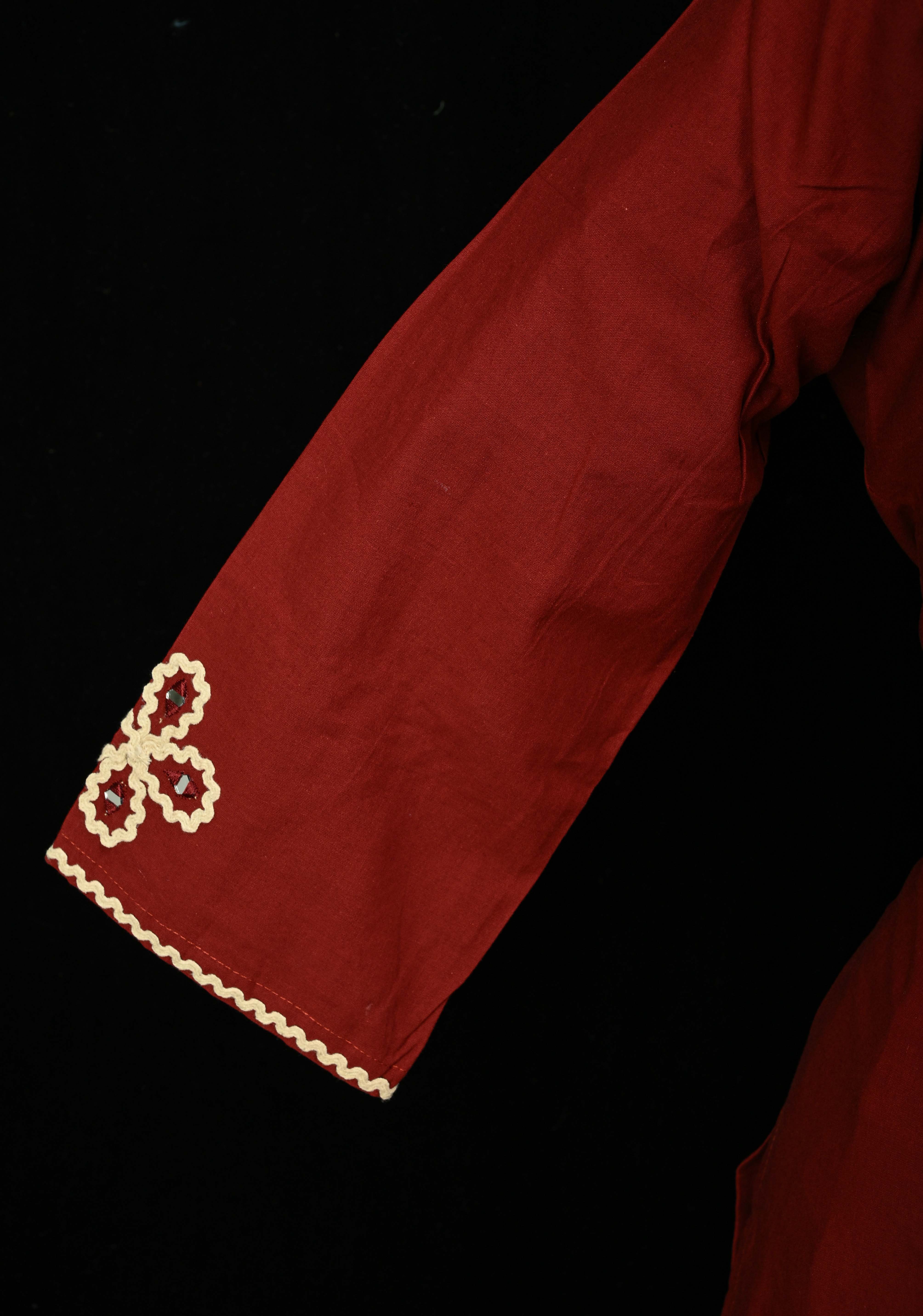 Maroon Cotton Applique Neck Kurti Set | Made to Order | SHOBITAM