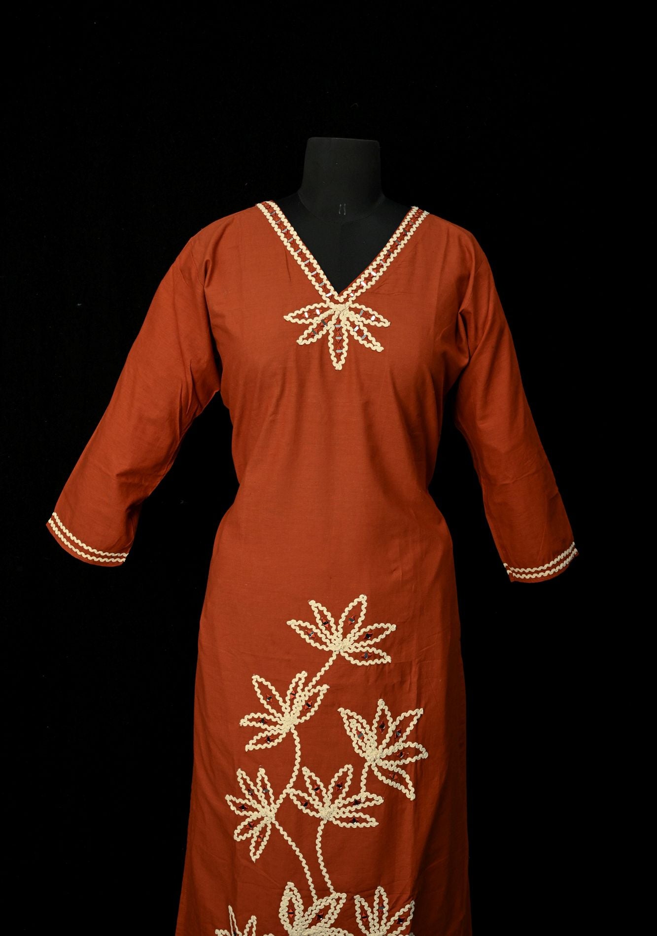 Rust Cotton Applique Daman Kurti 2 piece Set | Made to Order