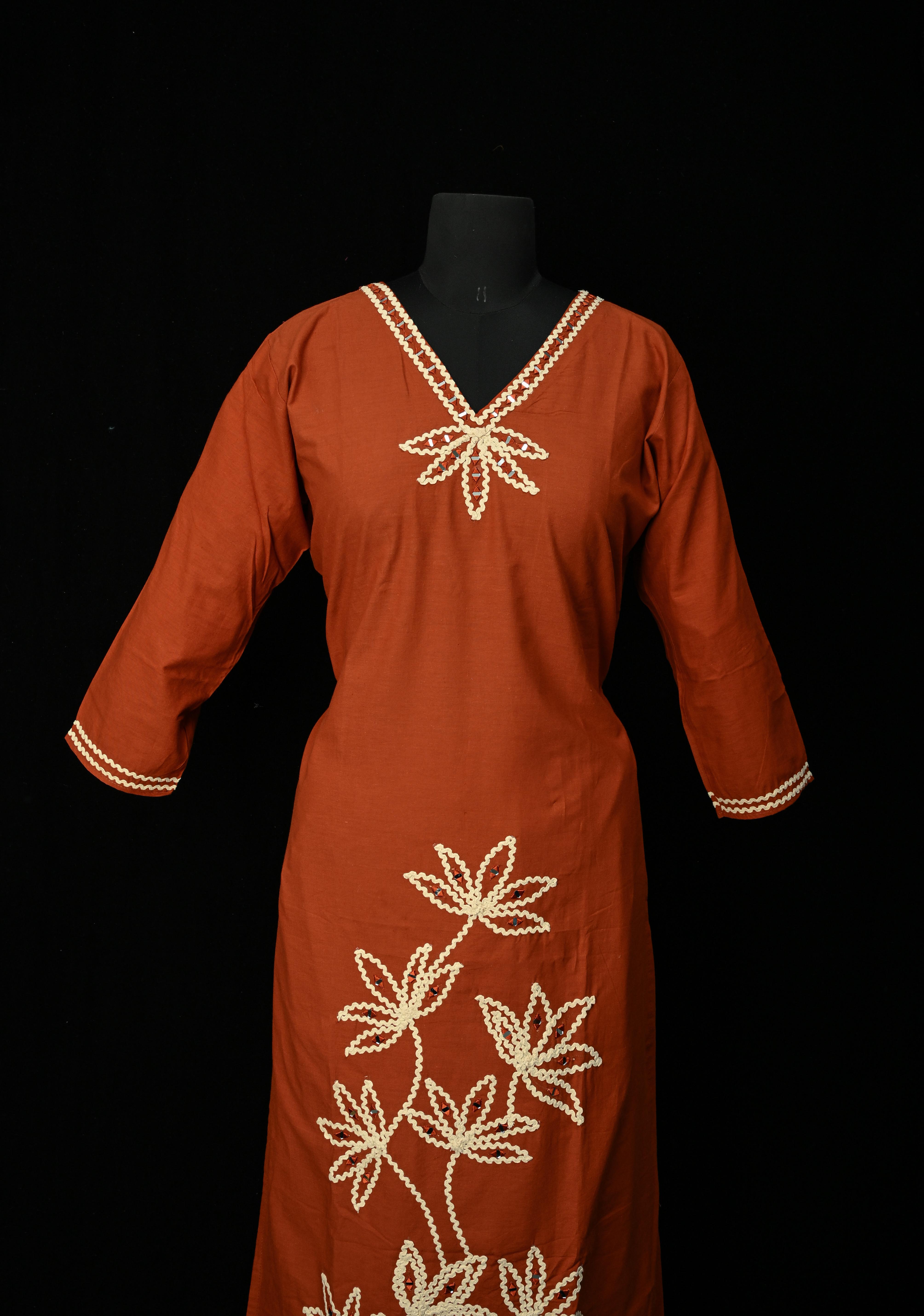 Rust Cotton Applique Daman Kurti 2 piece Set | Made to Order | SHOBITAM