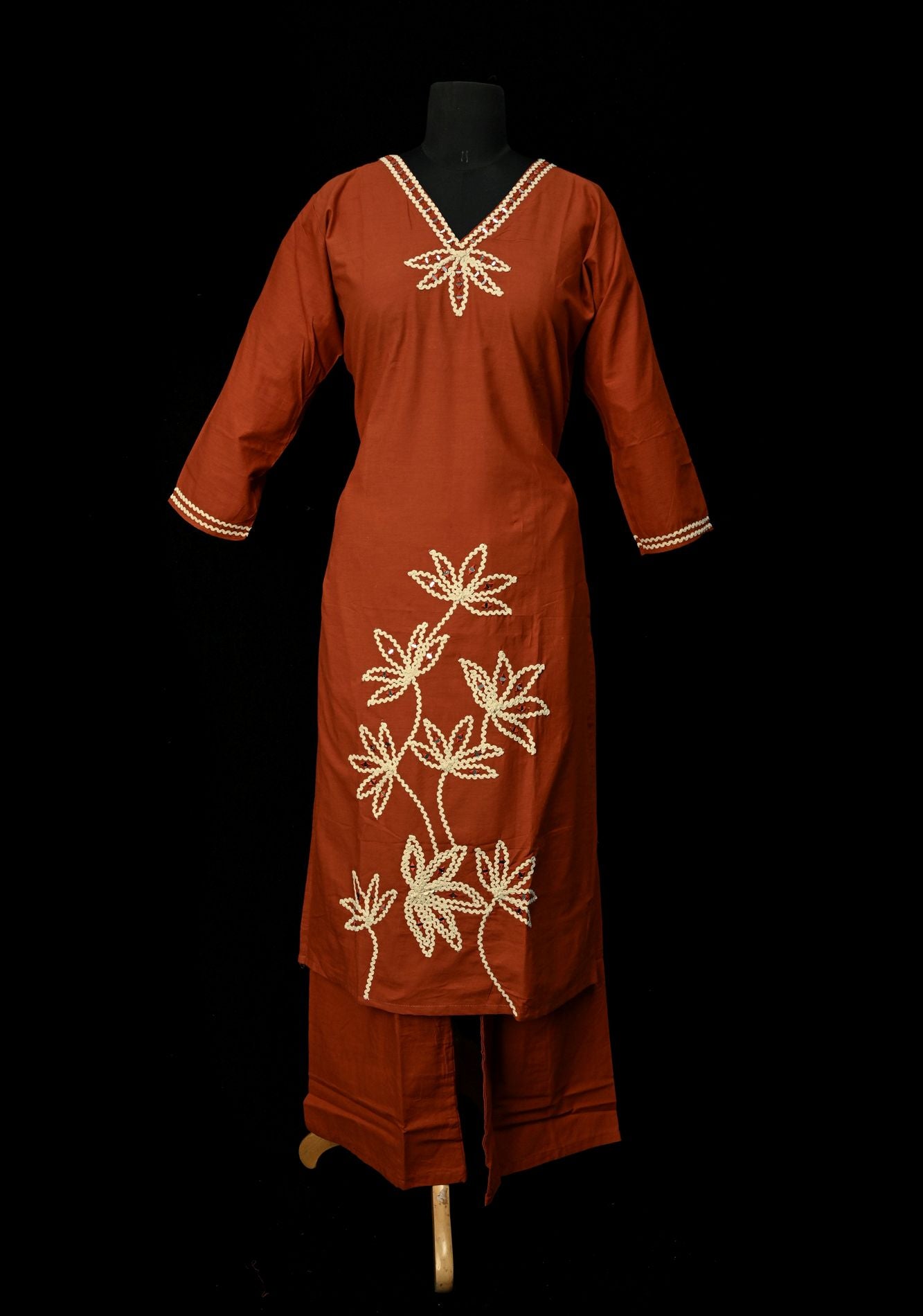 Rust Cotton Applique Daman Kurti 2 piece Set | Made to Order