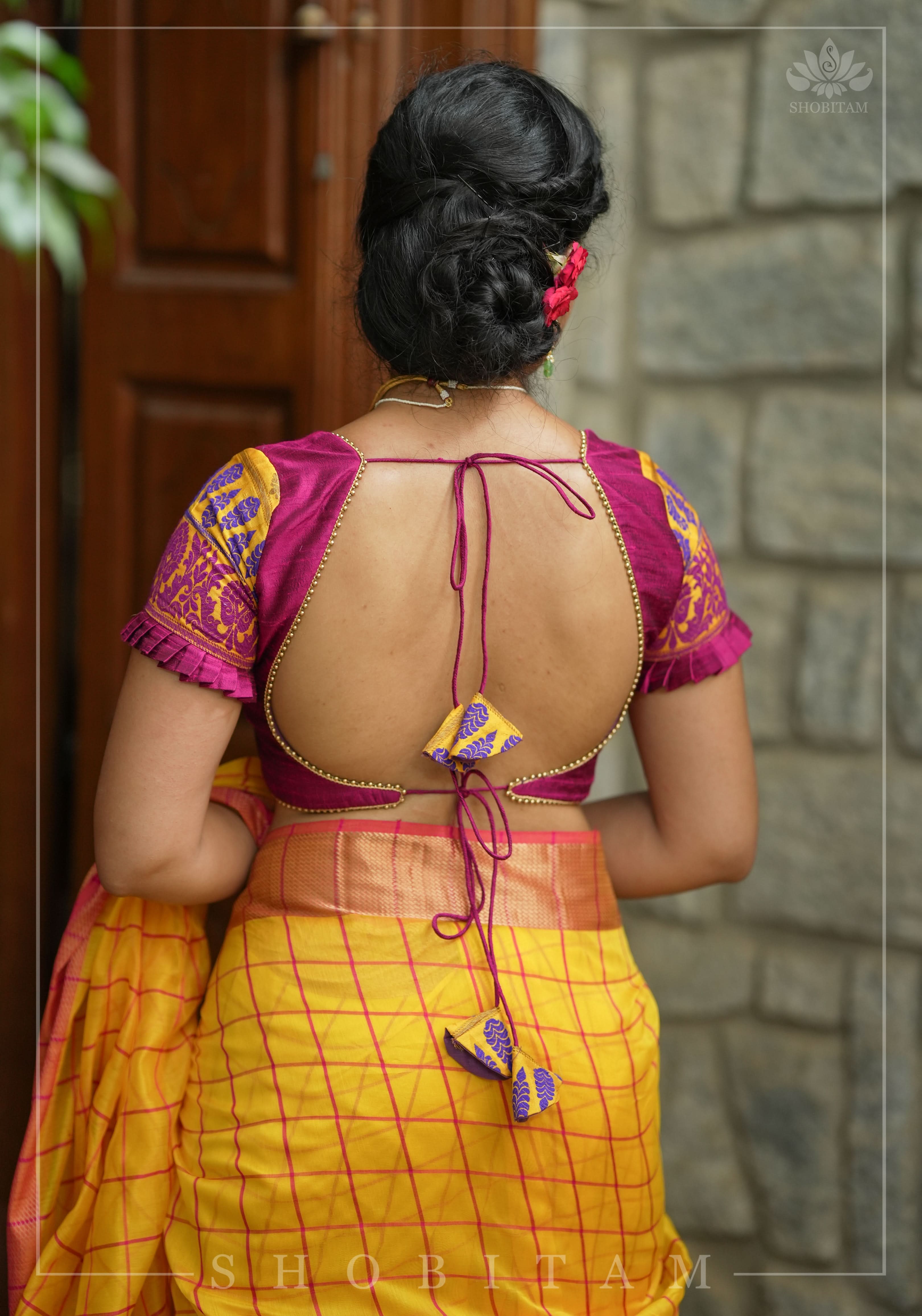Magenta Pure rawsilk with yellow brocade U neck Blouse with back tie design, Made to Order | Shobitam