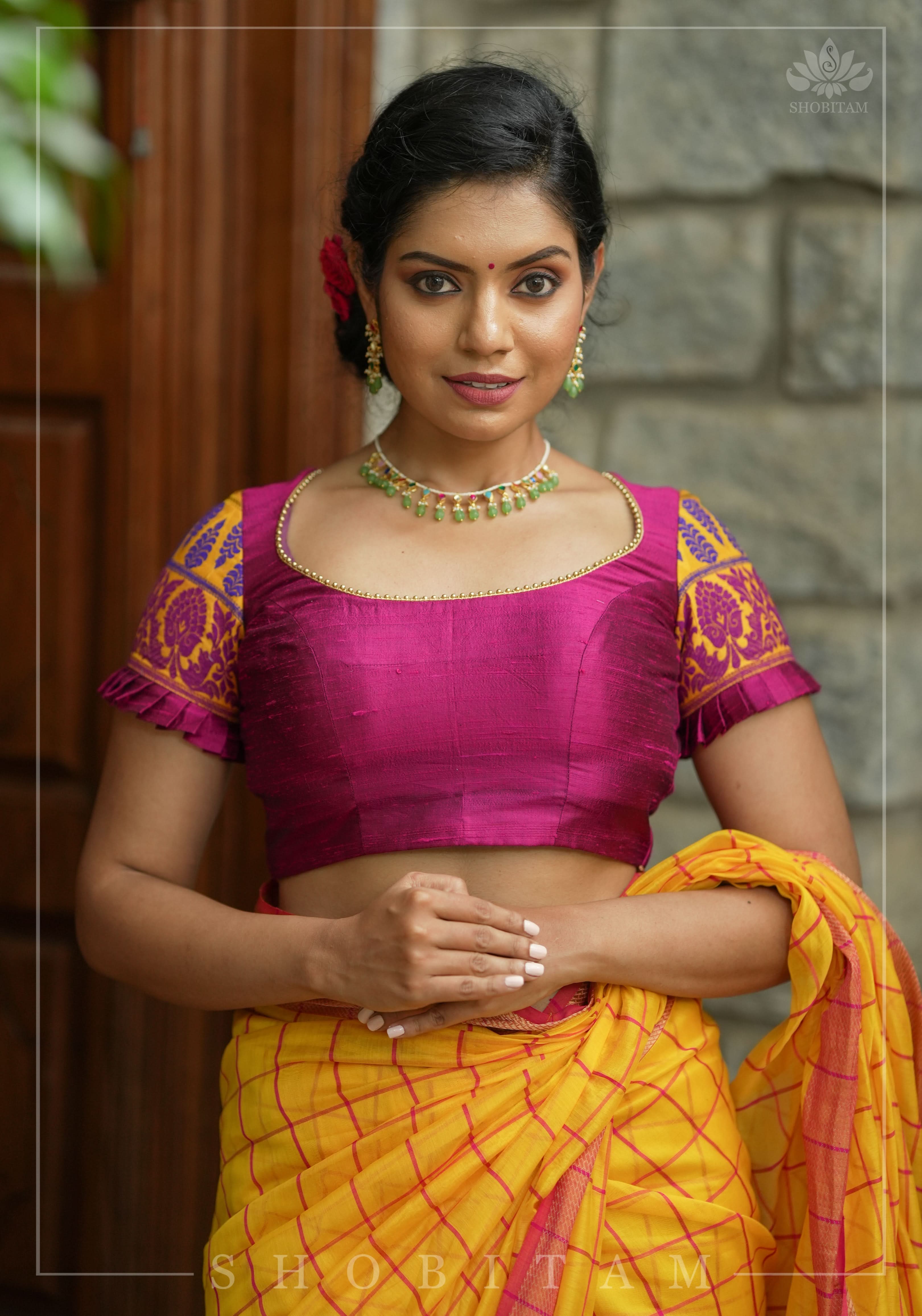 Magenta Pure rawsilk with yellow brocade U neck Blouse with back tie design, Made to Order | Shobitam