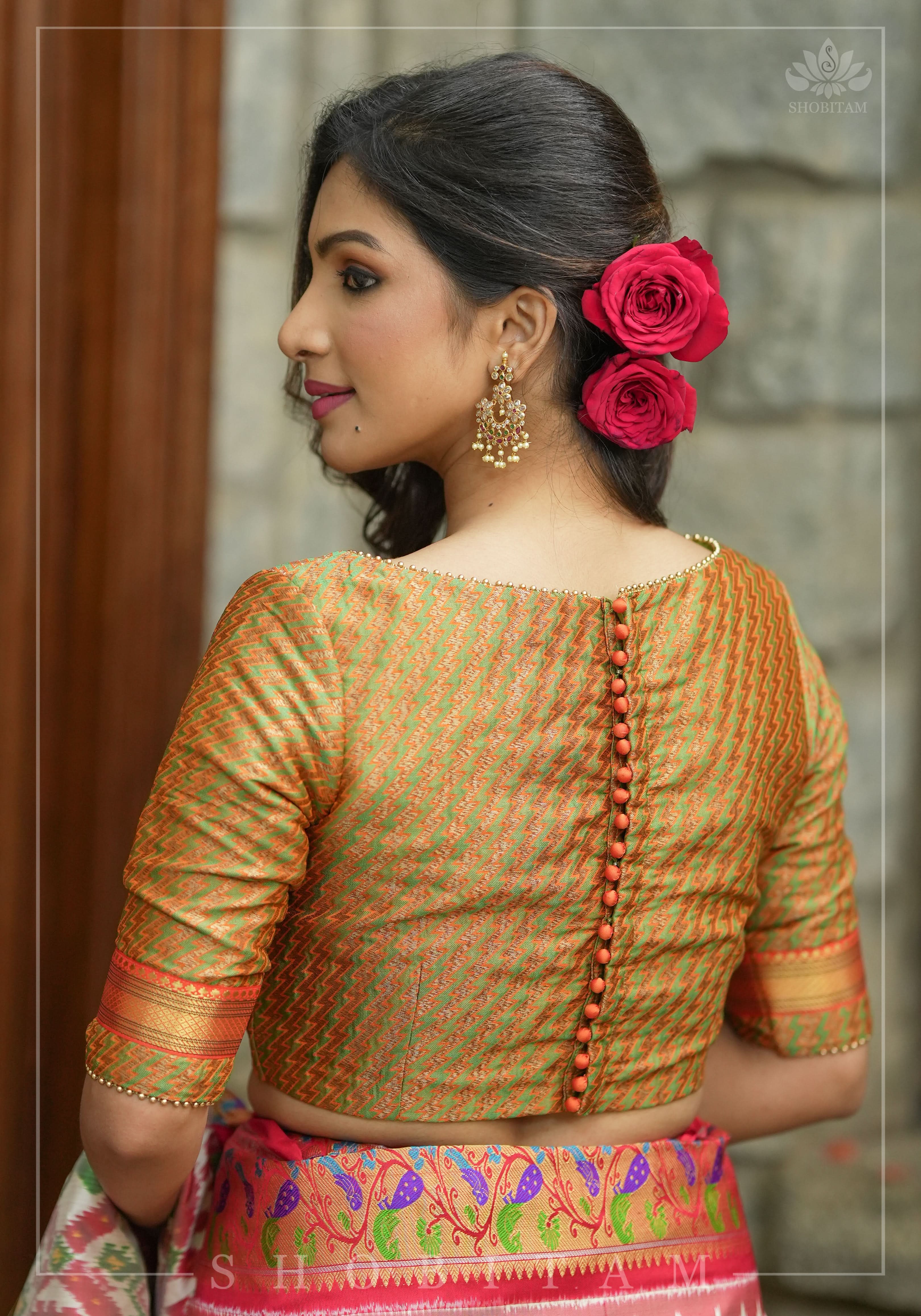 Henna Green and orange Jacquard boatneck blouse with plain silk detailing, Made to Order | Shobitam