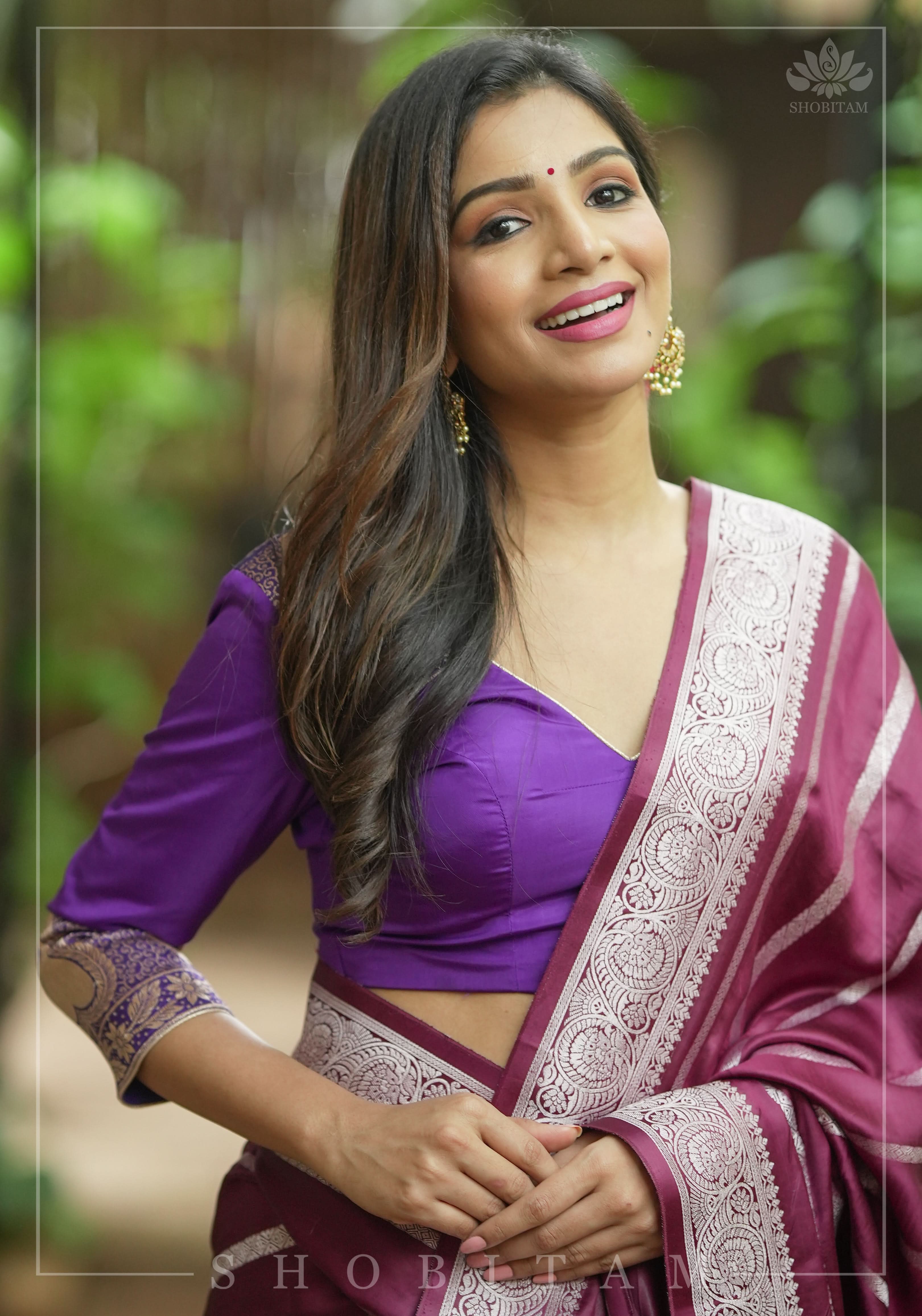 Purple silk & brocade V neck blouse with 3/4th sleeves, Made to Order | Shobitam