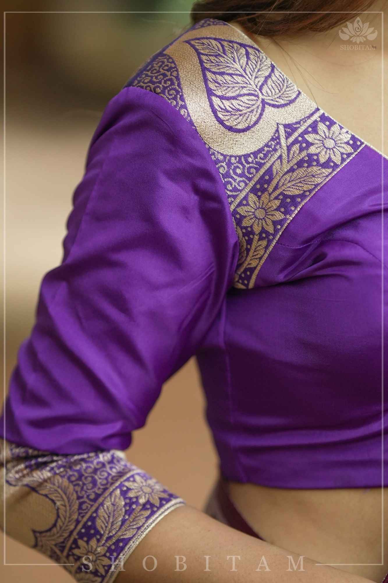 Purple silk & brocade V neck blouse with 3/4th sleeves, Made to Order