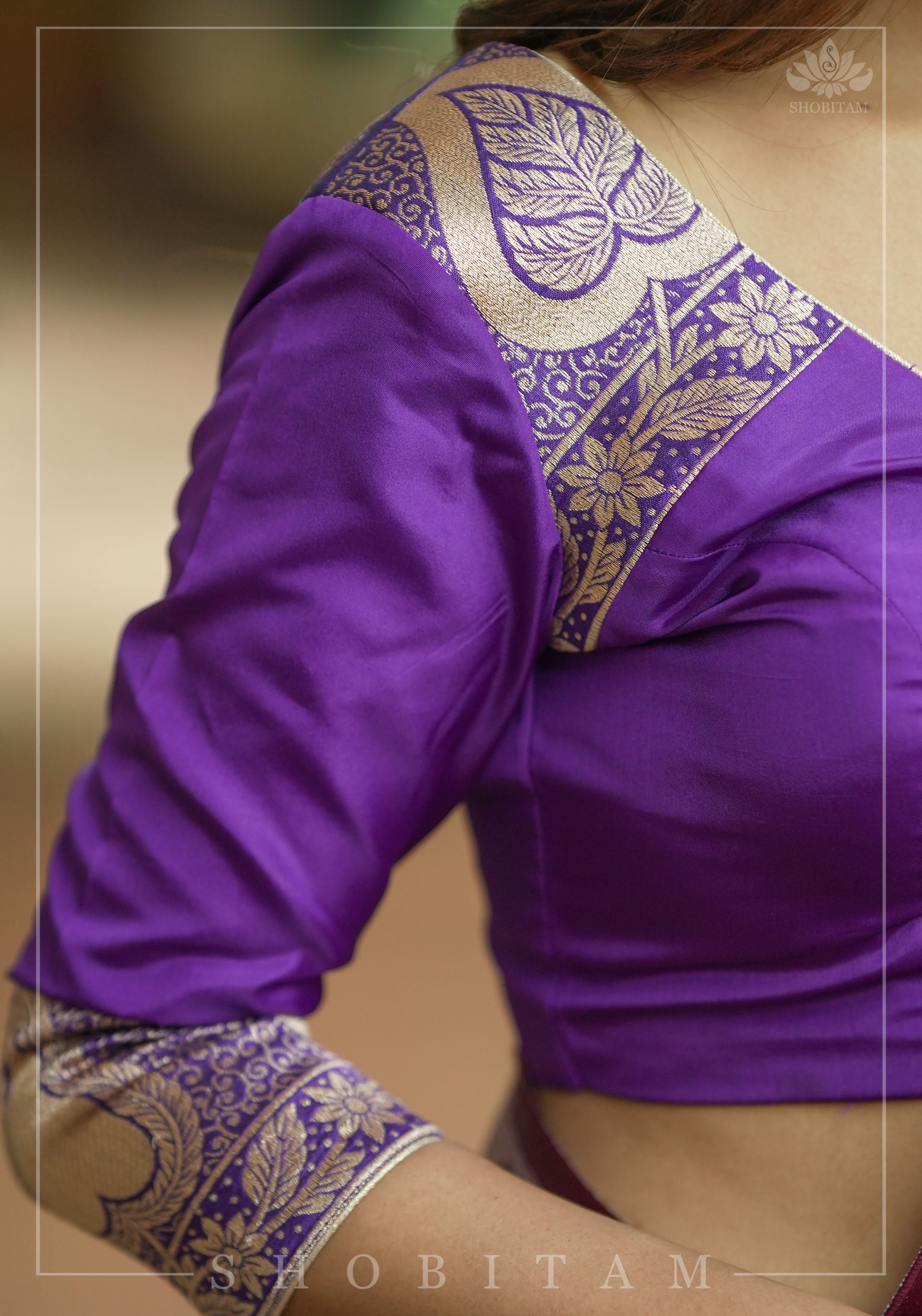 Purple silk & brocade V neck blouse with 3/4th sleeves, Made to Order | Shobitam