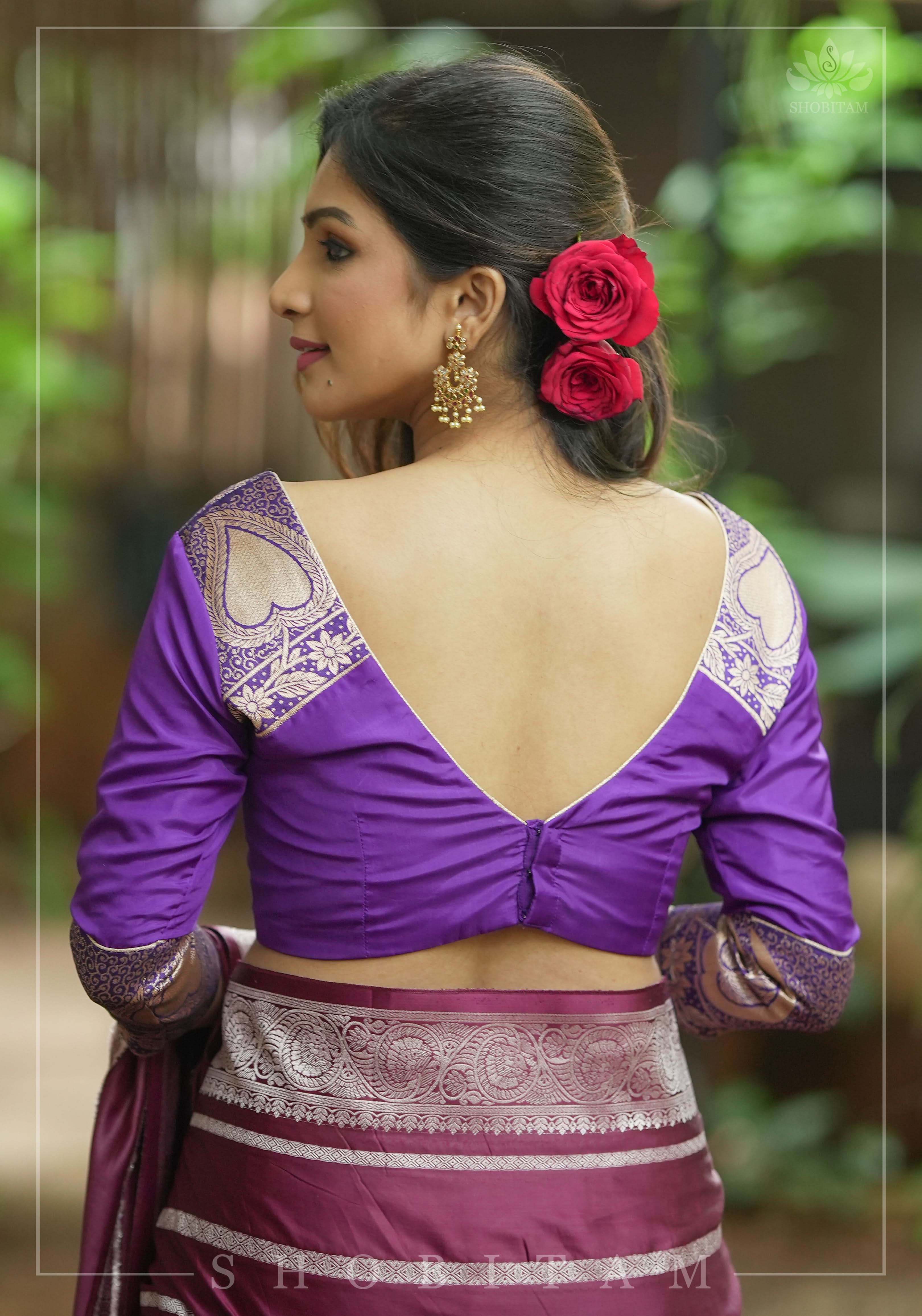 Purple silk & brocade V neck blouse with 3/4th sleeves, Made to Order | Shobitam
