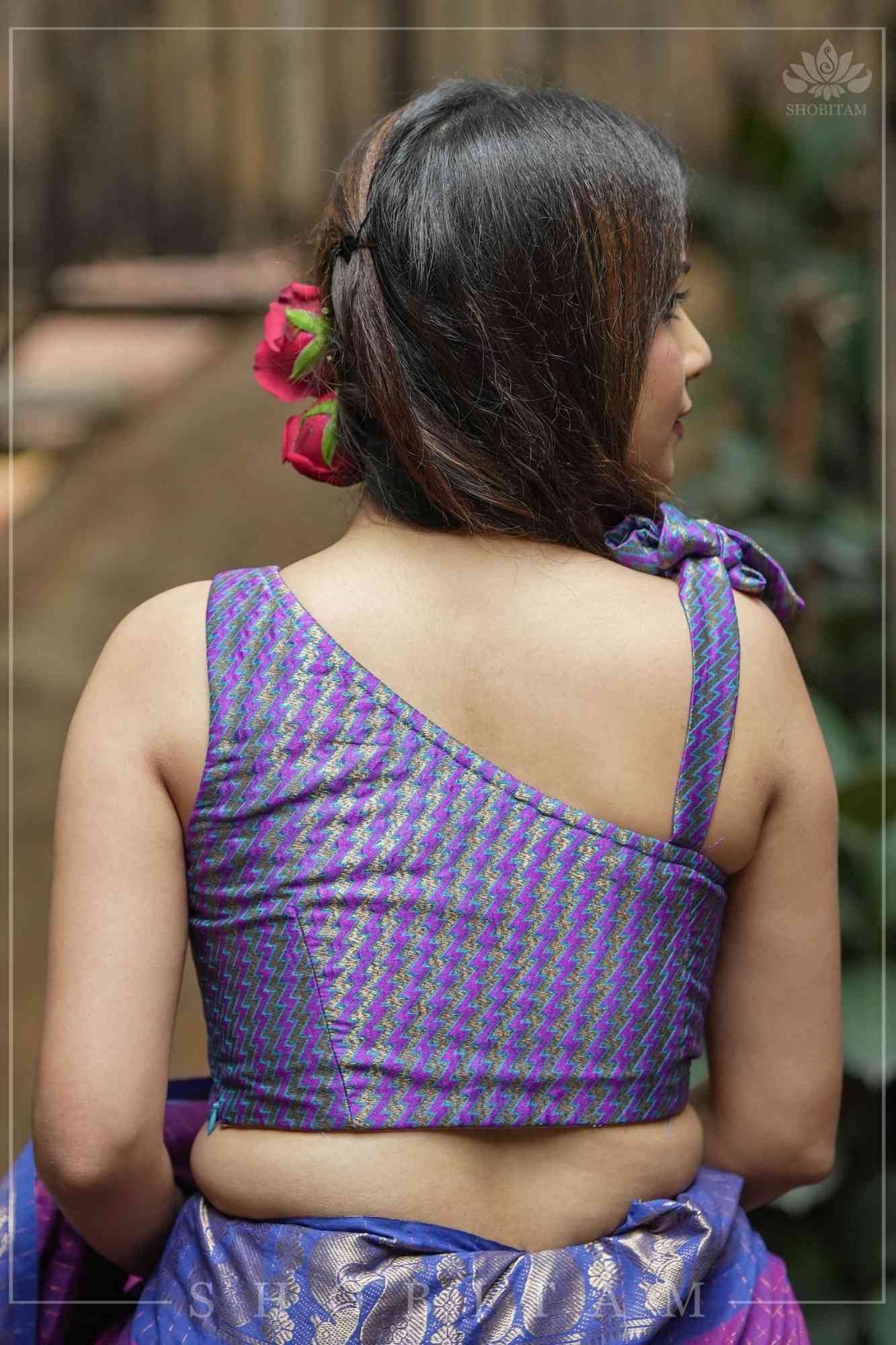 Purple Blue jacquard one shoulder blouse crop top, Made to Order
