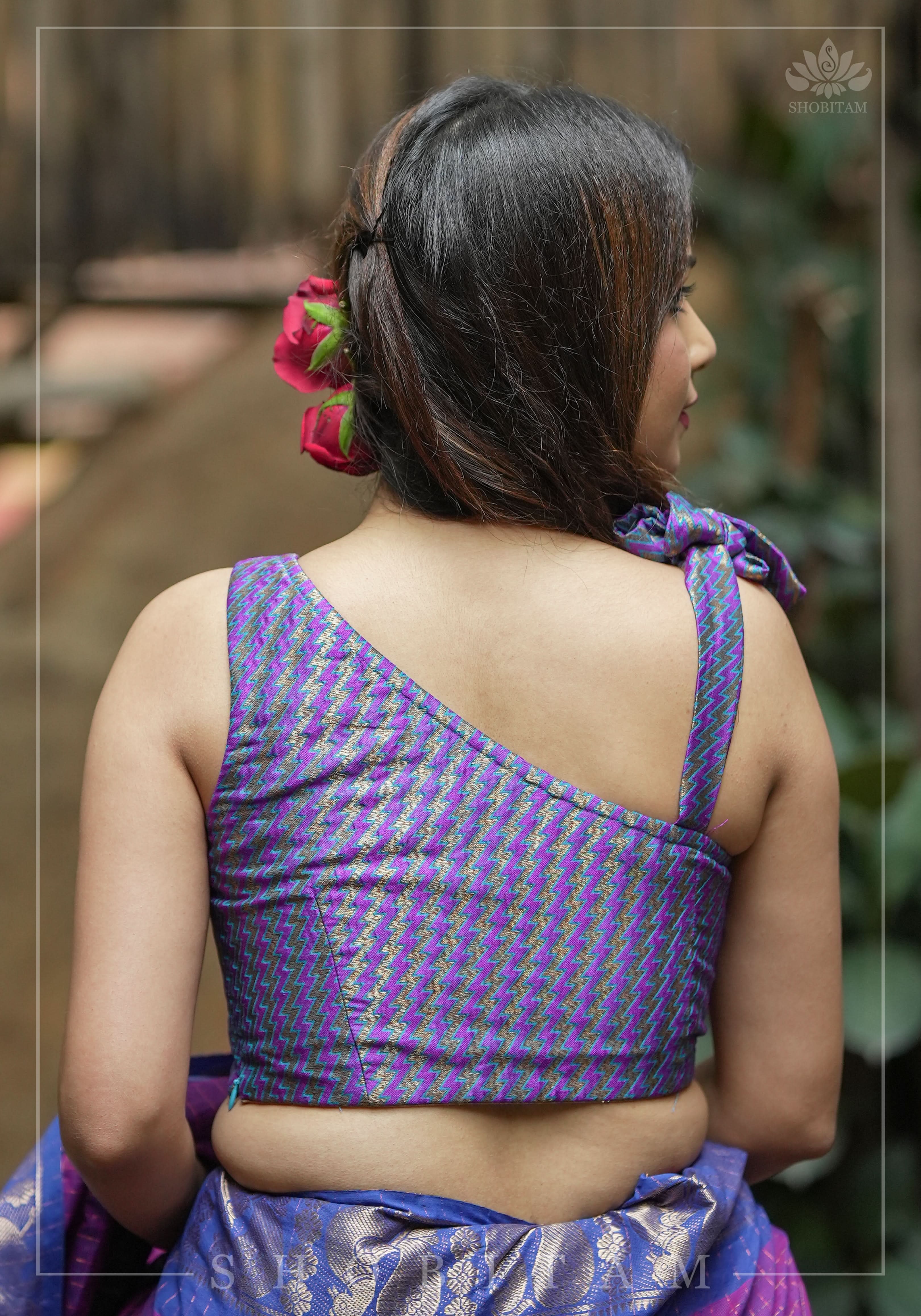 Purple Blue jacquard one shoulder blouse crop top, Made to Order | Shobitam