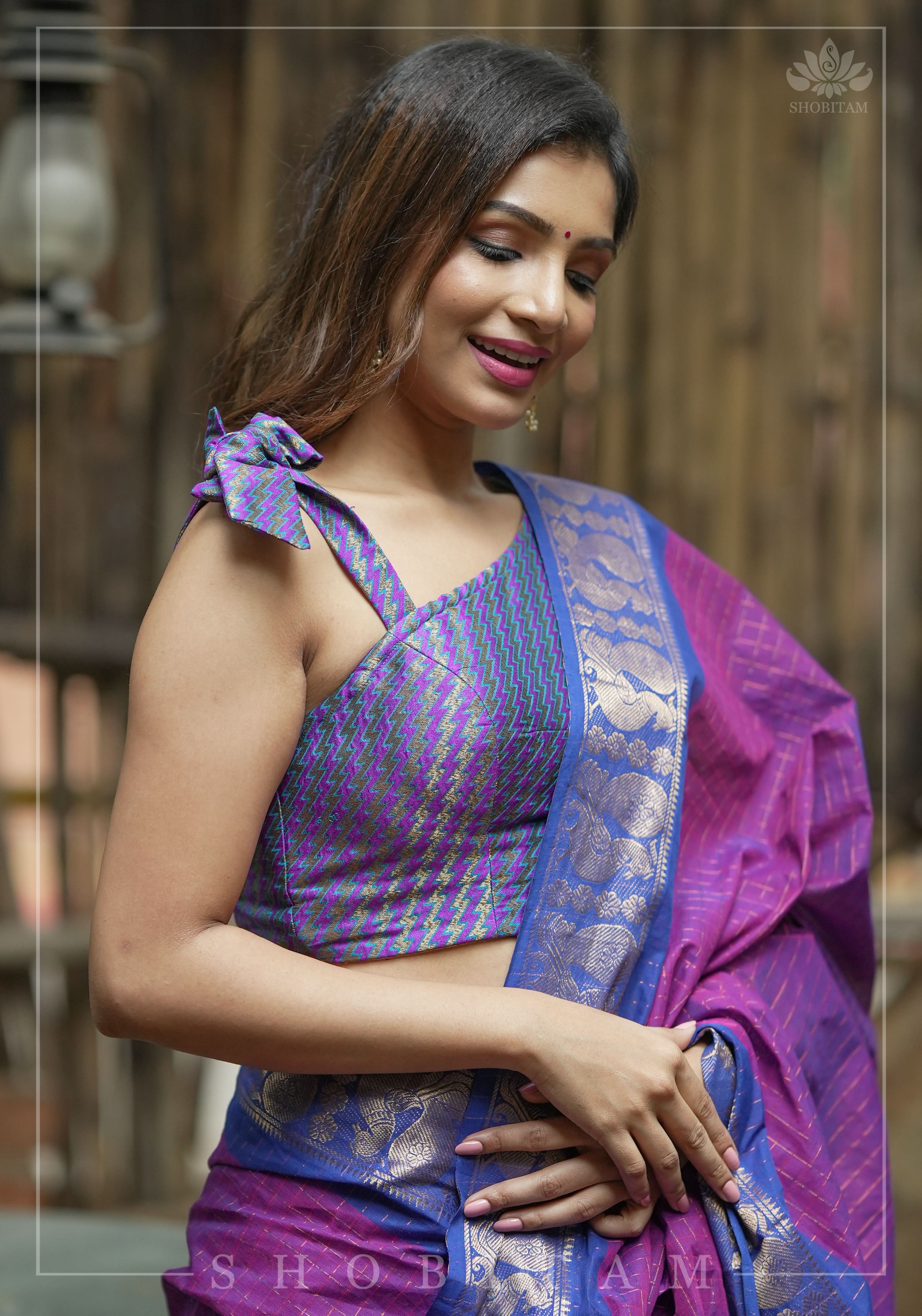 Purple Blue jacquard one shoulder blouse crop top, Made to Order | Shobitam