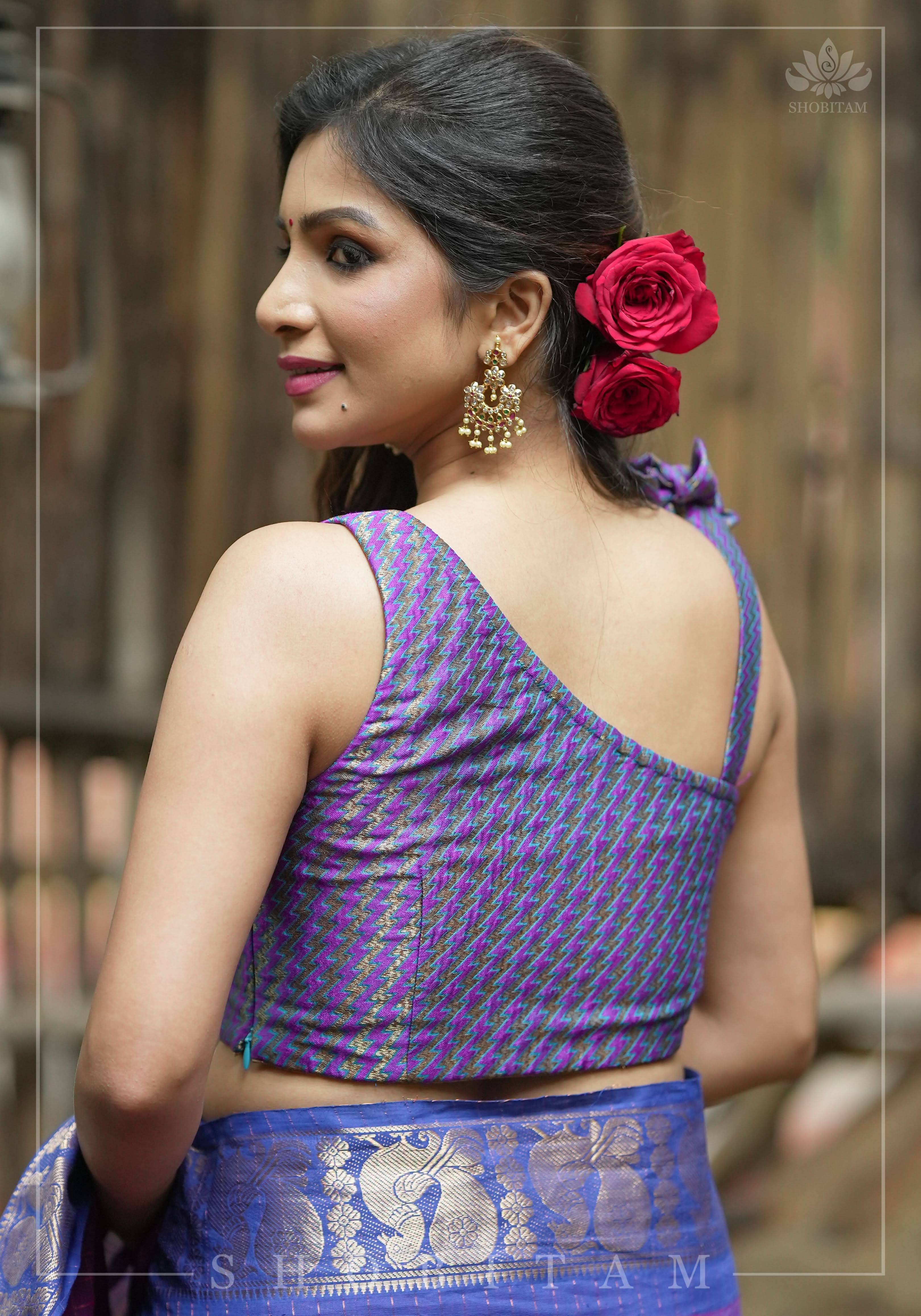 Purple Blue jacquard one shoulder blouse crop top, Made to Order | Shobitam