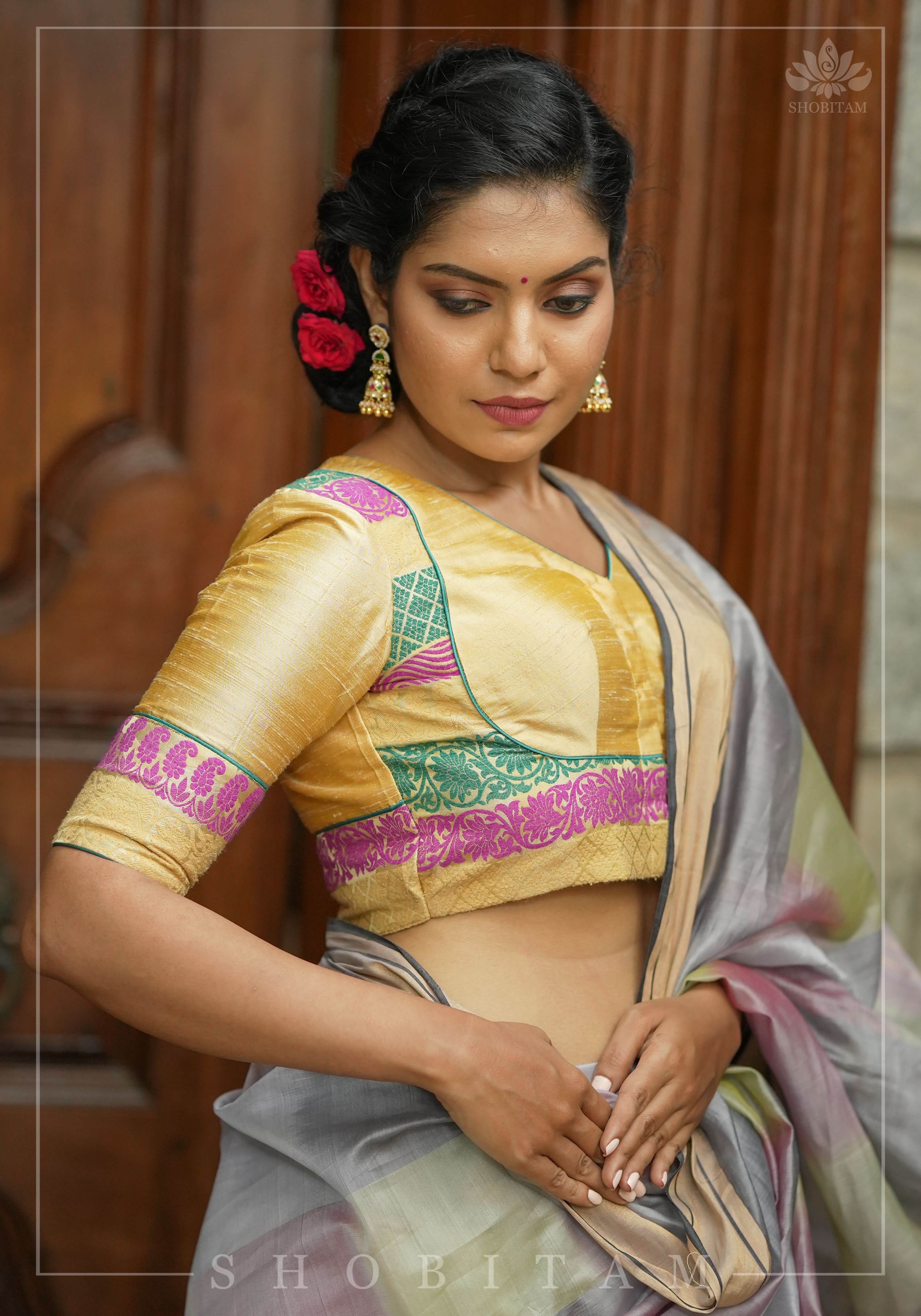 Cream Pure Raw Silk and Brocade Mix and Match Blouse, Made to Order | Shobitam
