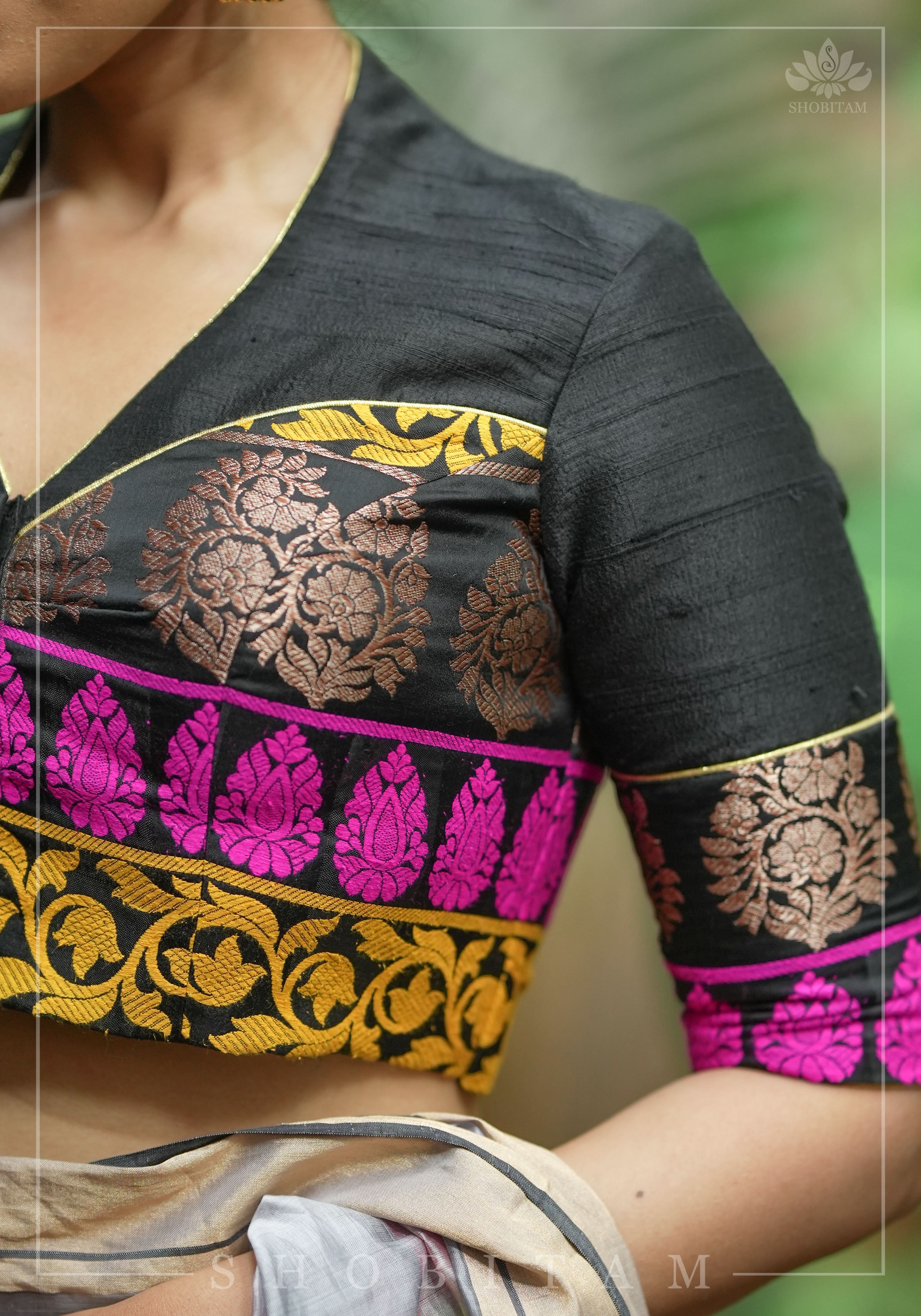 Black Pure Raw Silk with Meenakari Brocade Border V Neck Blouse, Made to Order | Shobitam