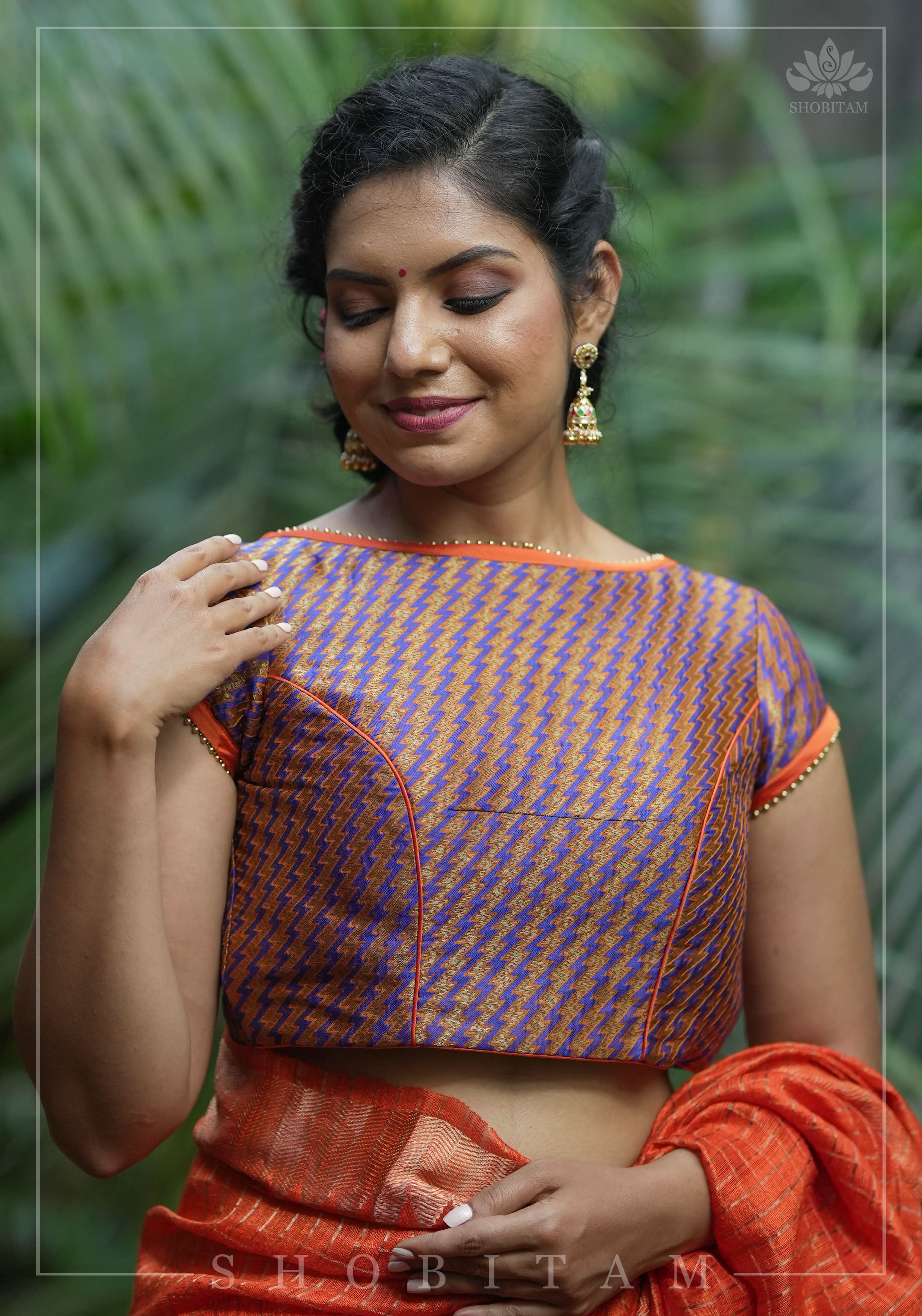 Purple Orange Jacquard brocade boat neck blouse with back detailing, Made to Order | Shobitam