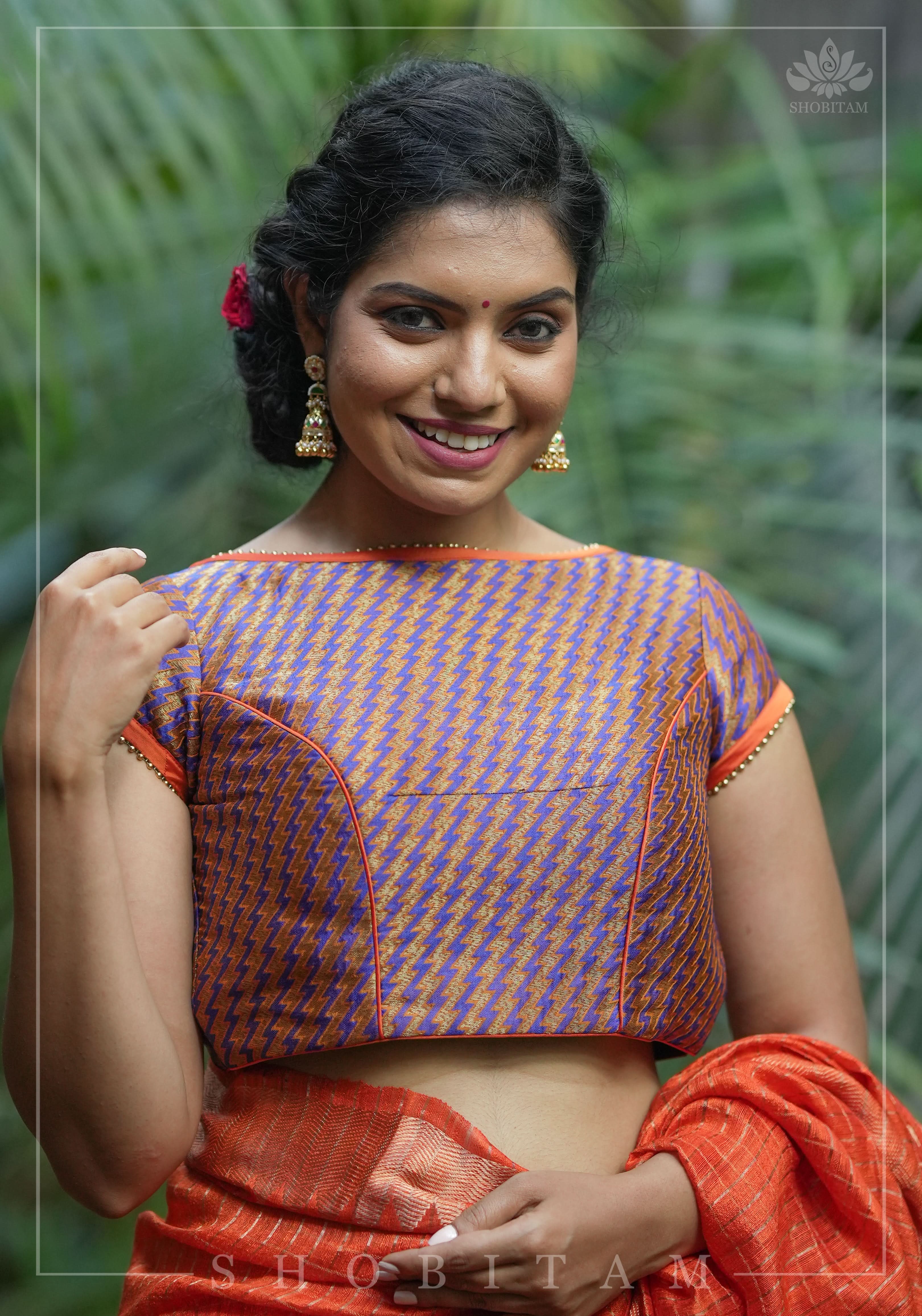 Purple Orange Jacquard brocade boat neck blouse with back detailing, Made to Order | Shobitam