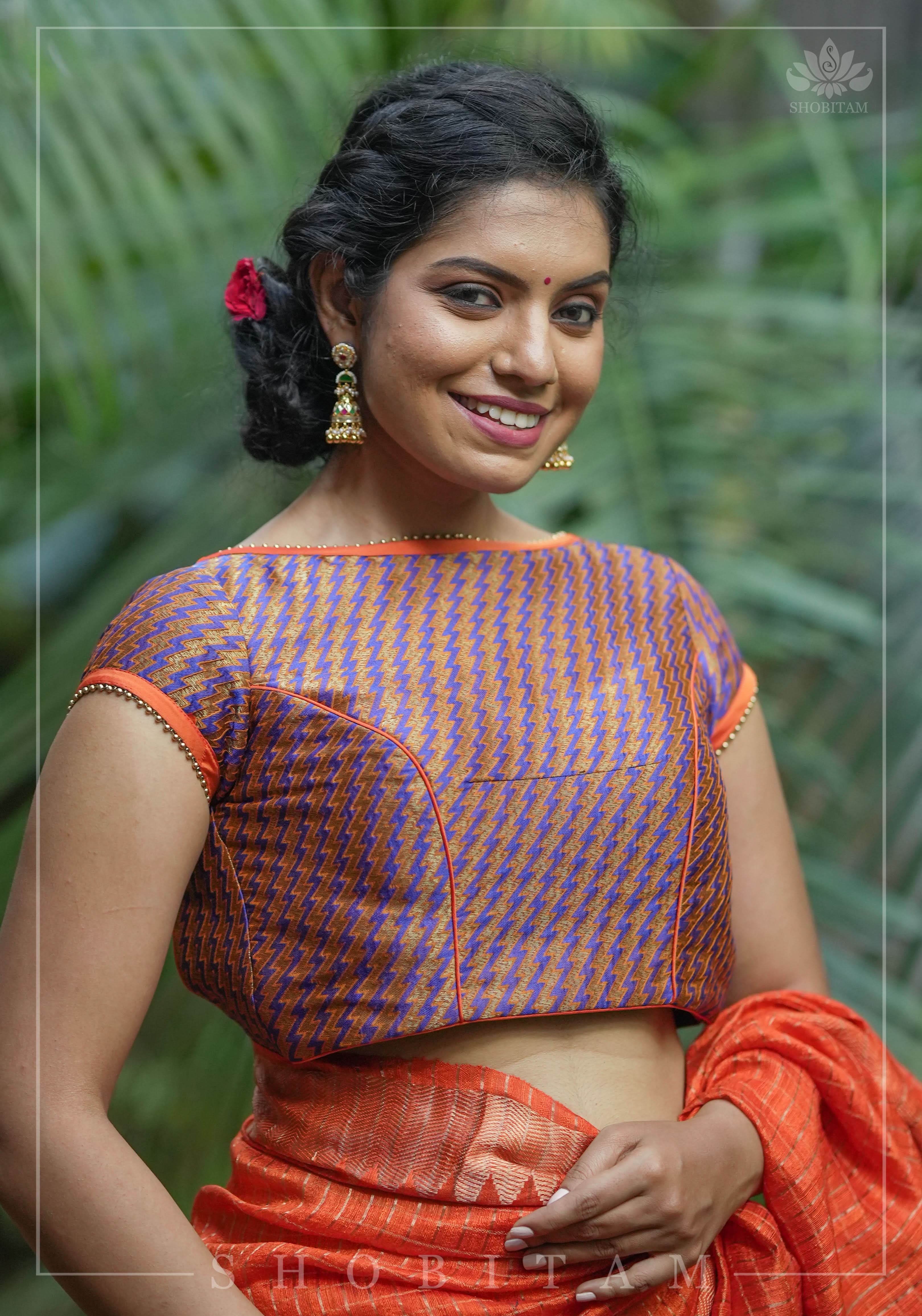 Purple Orange Jacquard brocade boat neck blouse with back detailing, Made to Order | Shobitam