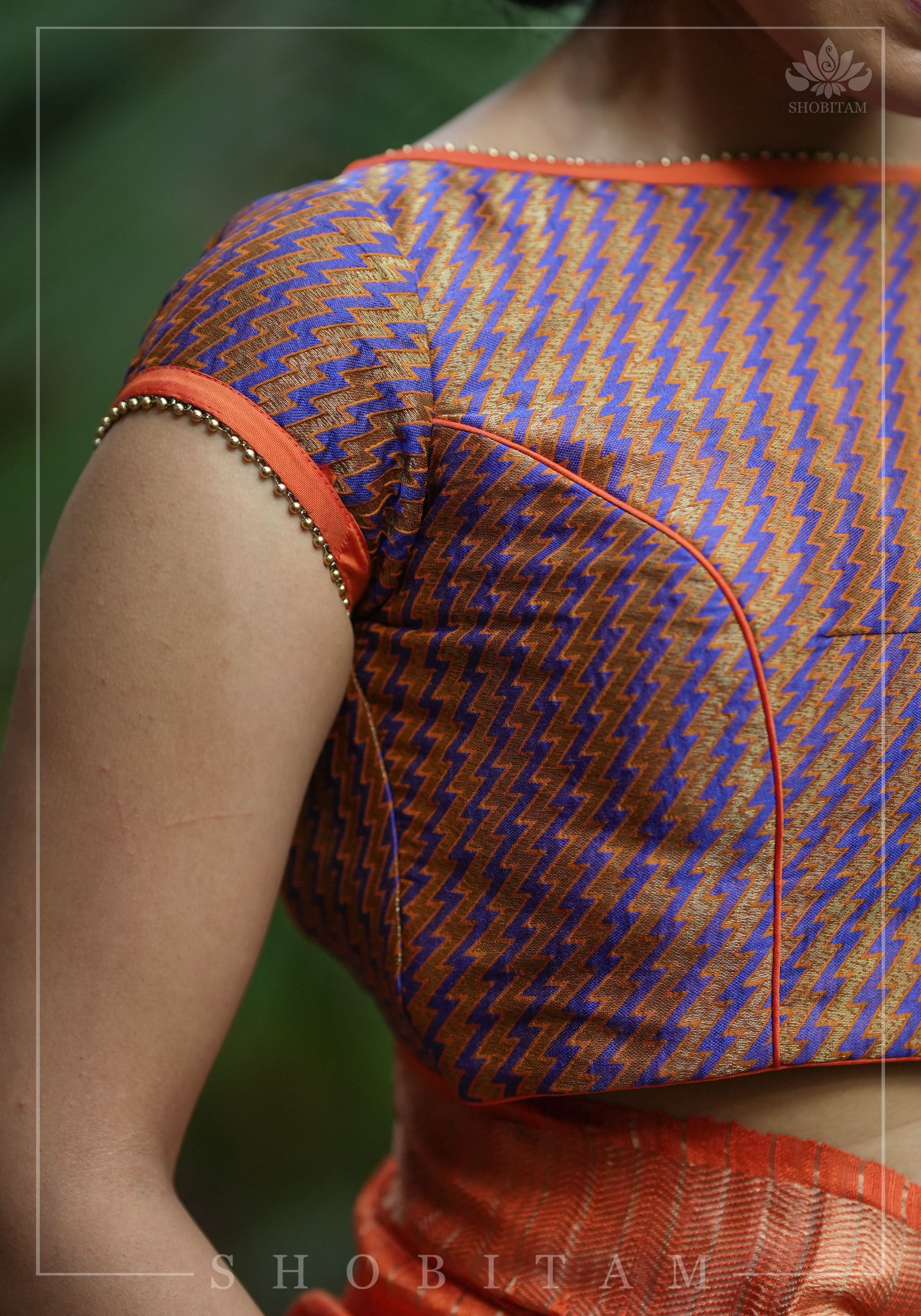 Purple Orange Jacquard brocade boat neck blouse with back detailing, Made to Order | Shobitam