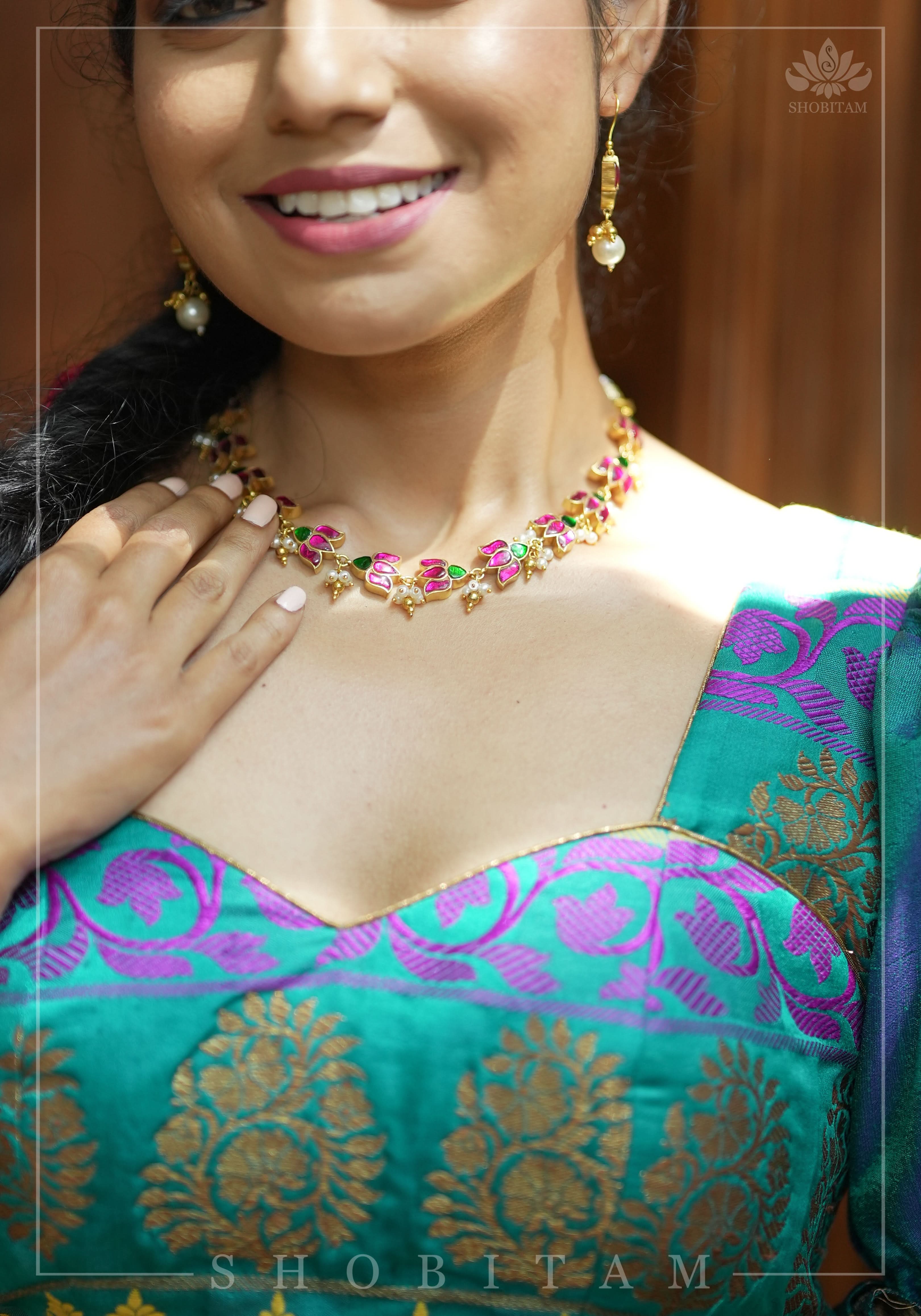 Teal brocade & pure rawsilk sweet heart neck blouse with sleeve detailing, Made to Order | Shobitam