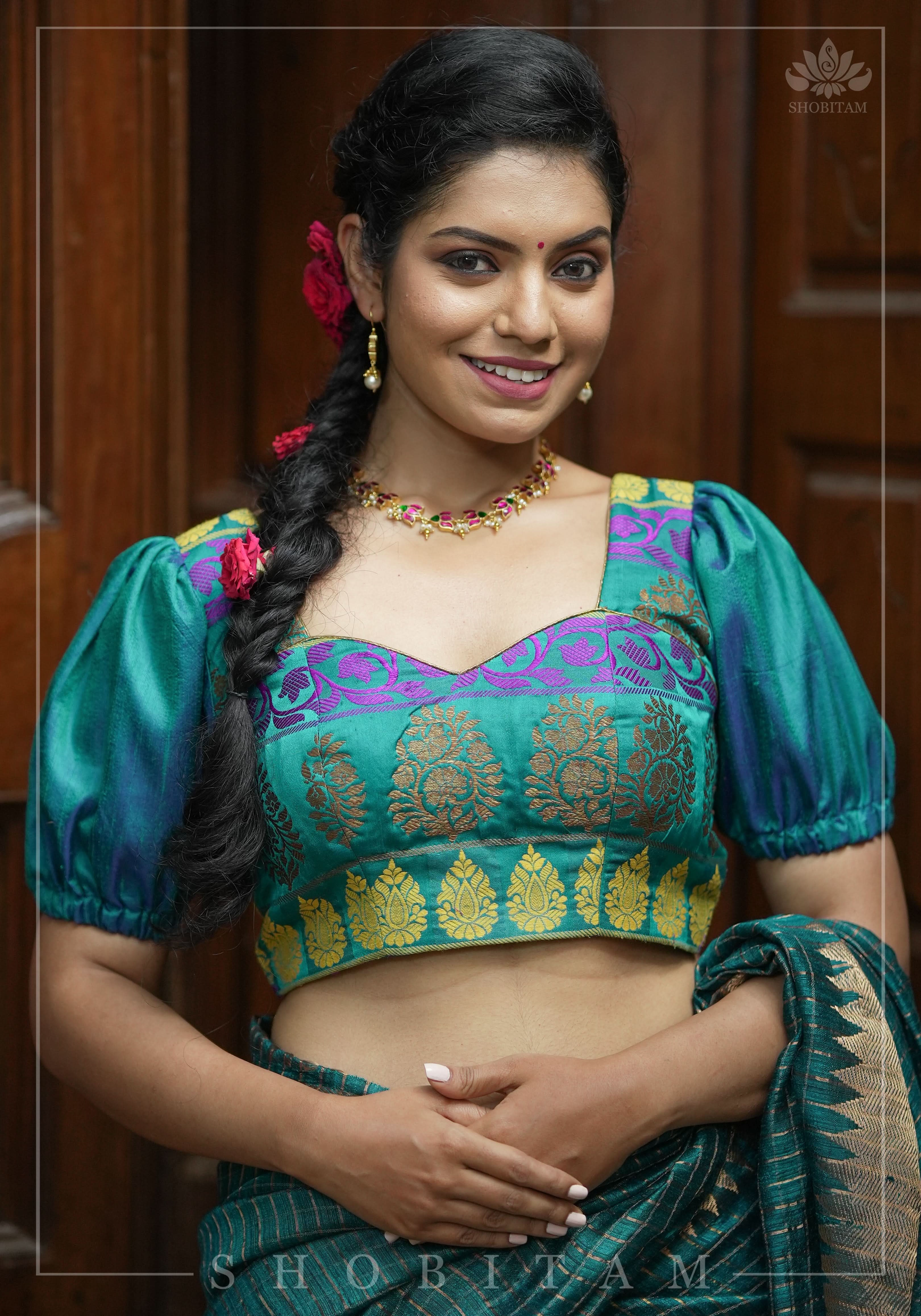 Teal brocade & pure rawsilk sweet heart neck blouse with sleeve detailing, Made to Order | Shobitam