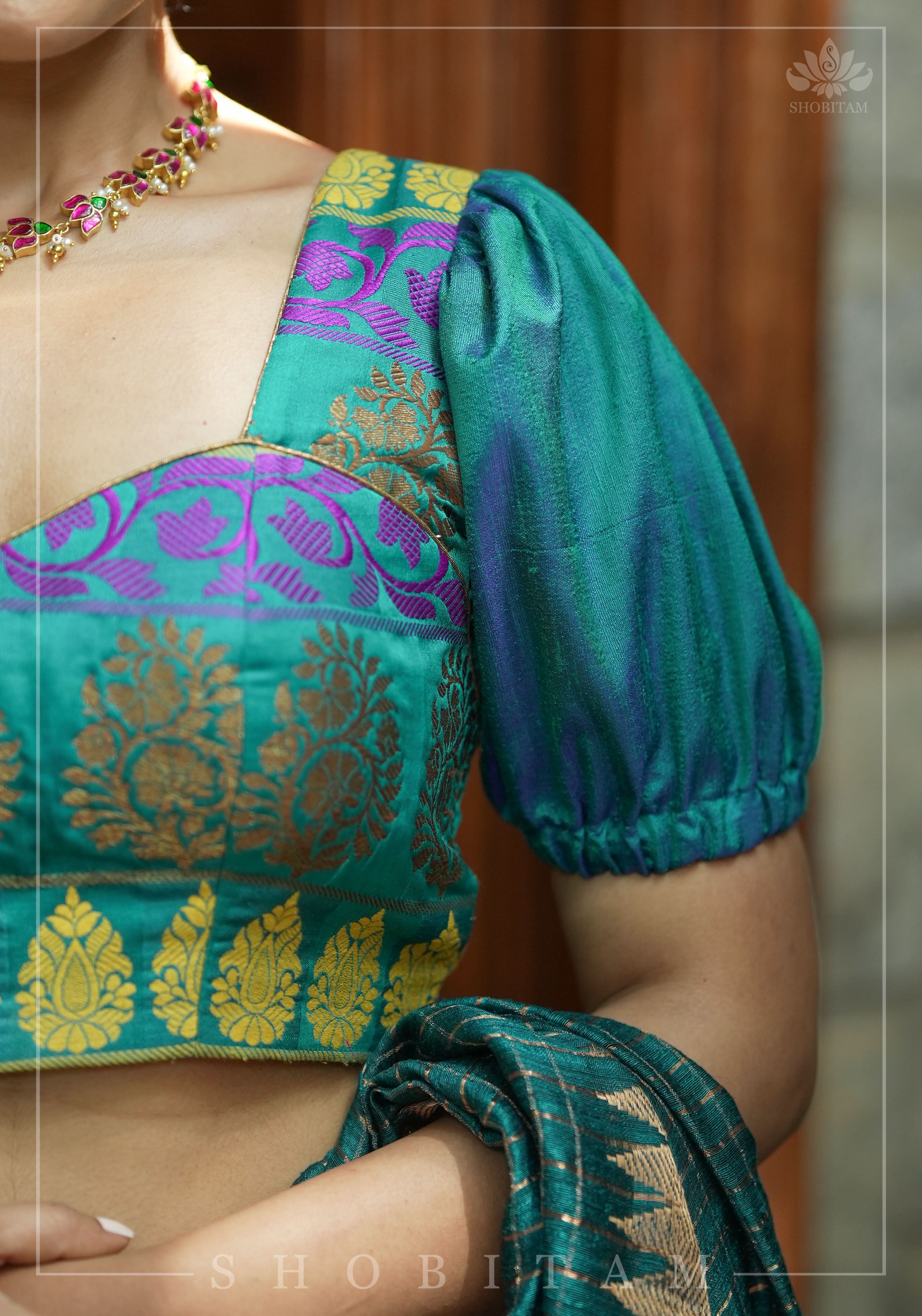 Teal brocade & pure rawsilk sweet heart neck blouse with sleeve detailing, Made to Order | Shobitam