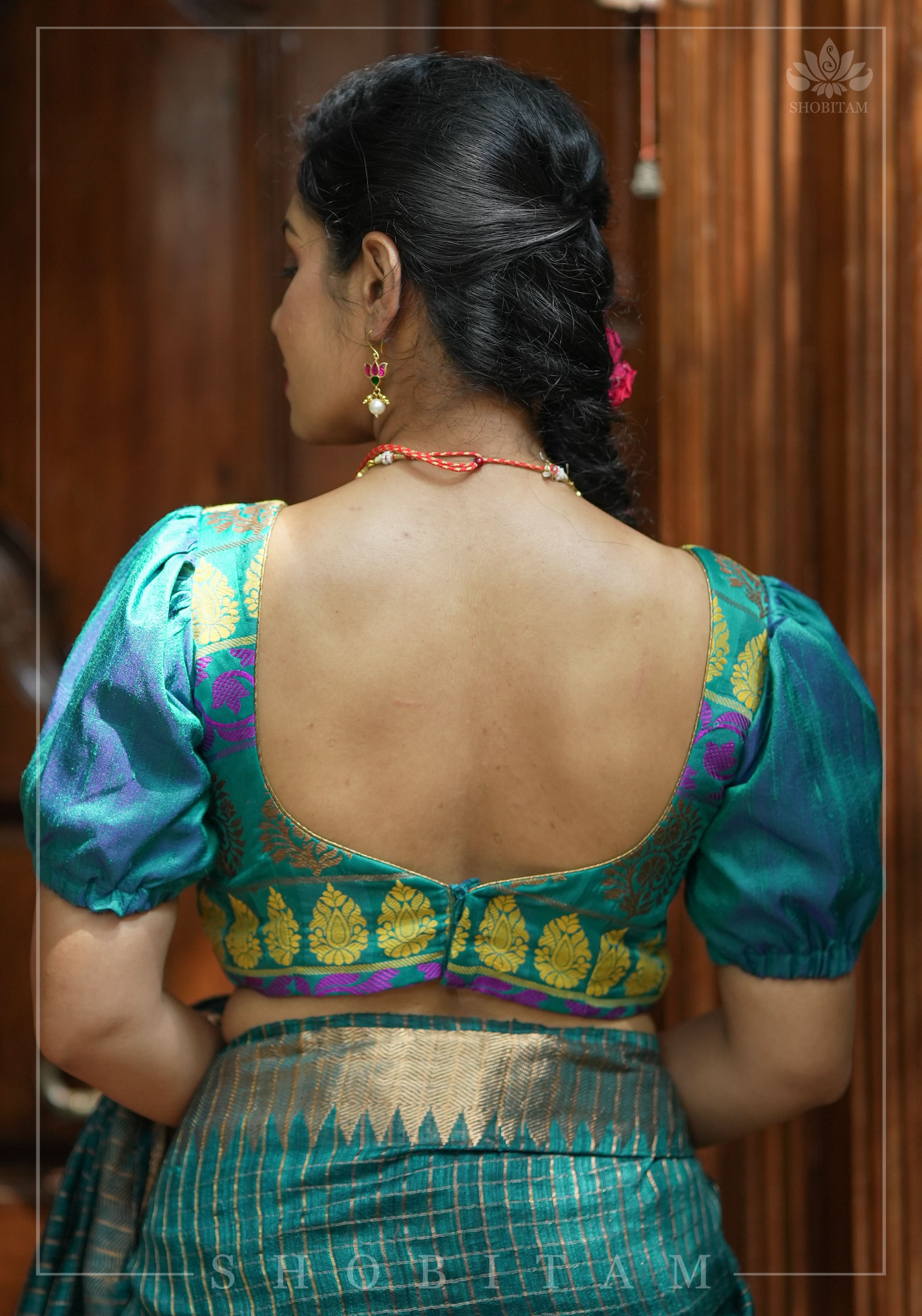 Teal brocade & pure rawsilk sweet heart neck blouse with sleeve detailing, Made to Order | Shobitam
