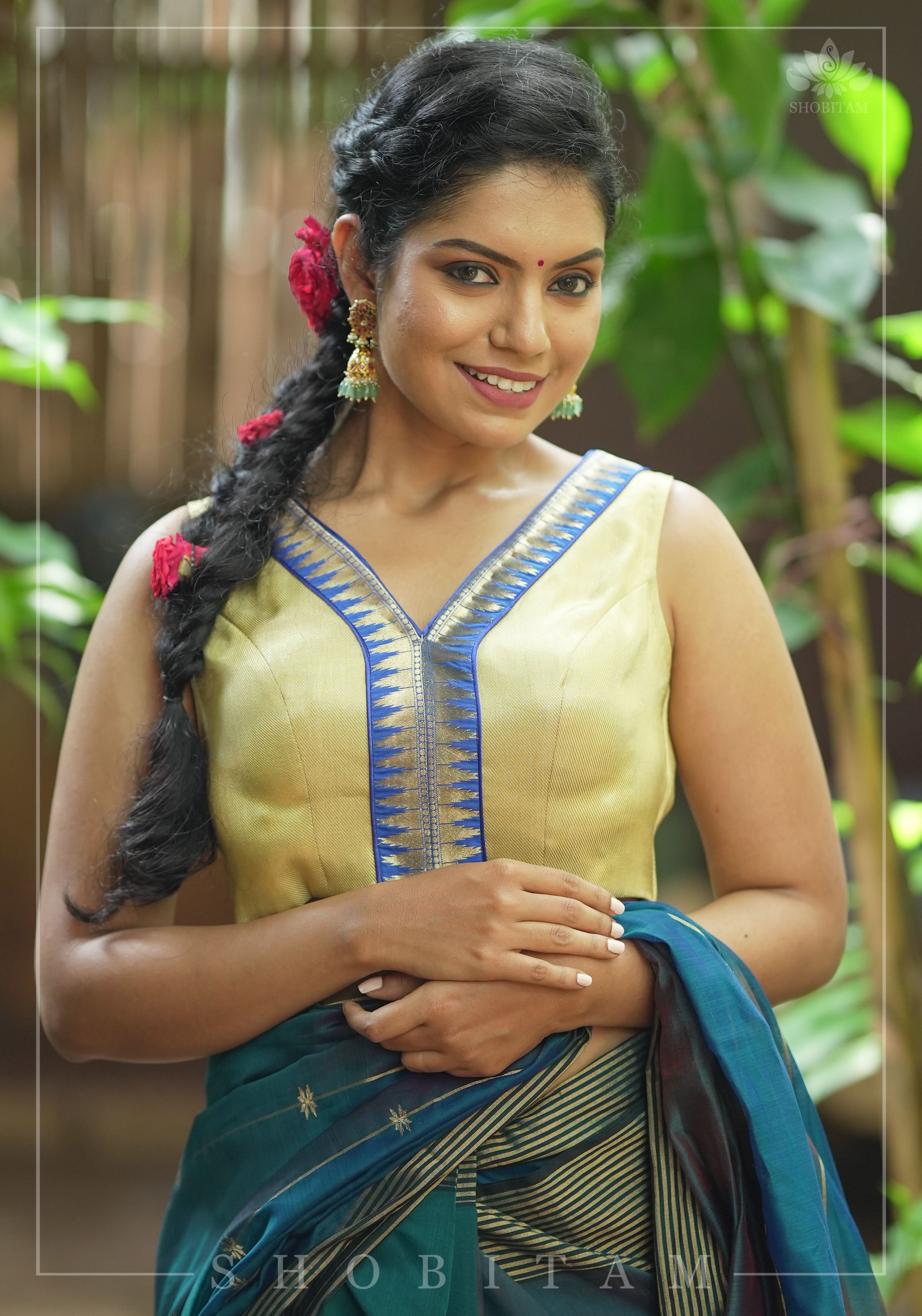 Muted Gold V neck neck sleeveless blouse with blue temple border, Made to Order | Shobitam