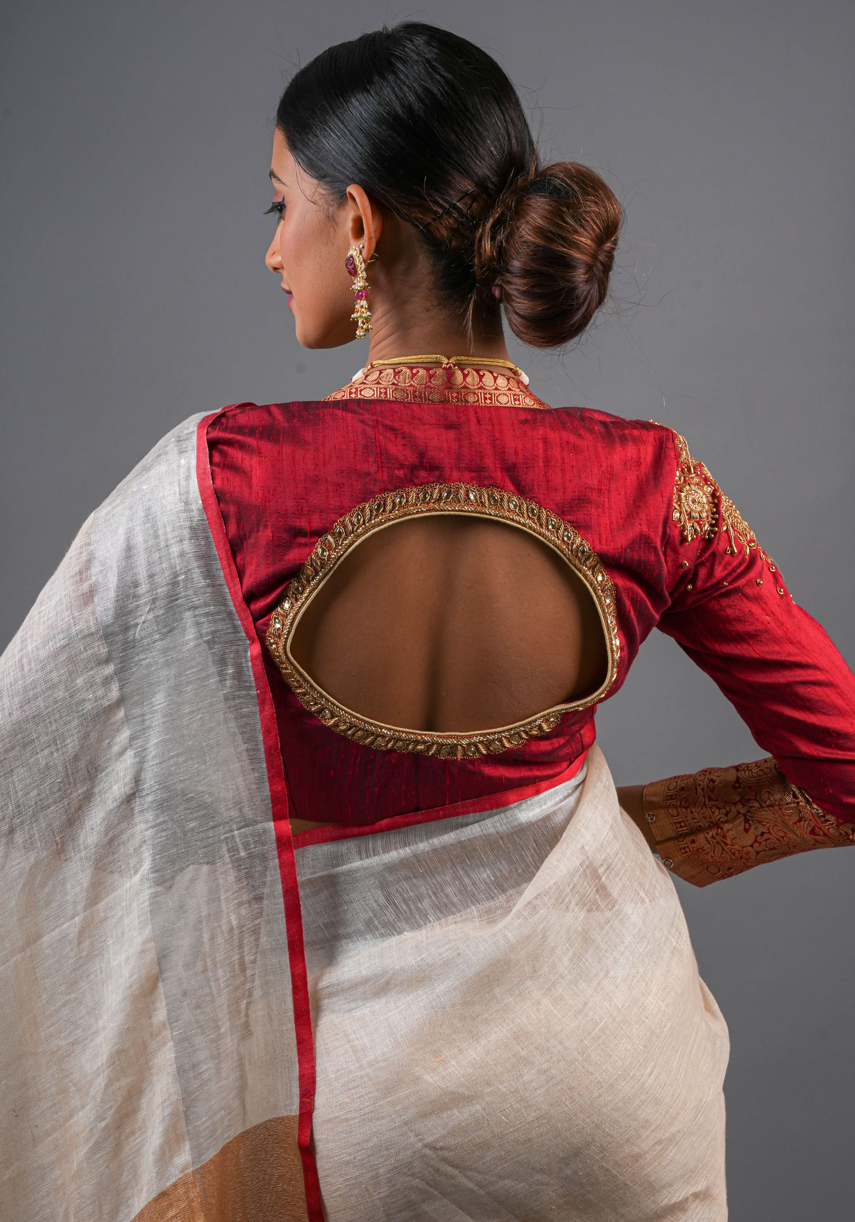 Maroon Pure raw silk blouse with full sleeves and Heavy Zardozi work on upper sleeve and back, Made to Order | Shobitam