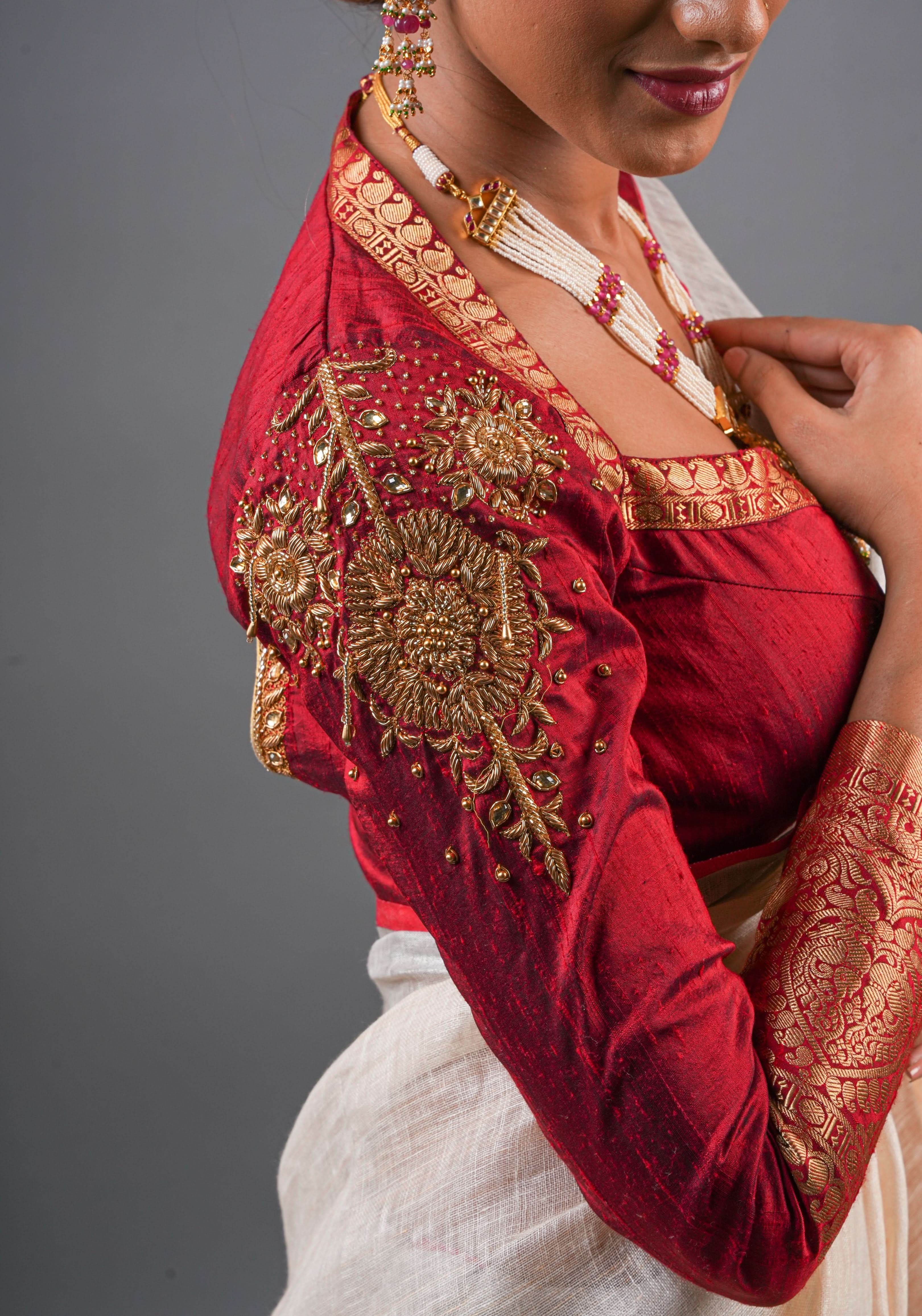 Maroon Pure raw silk blouse with full sleeves and Heavy Zardozi work on upper sleeve and back, Made to Order | Shobitam