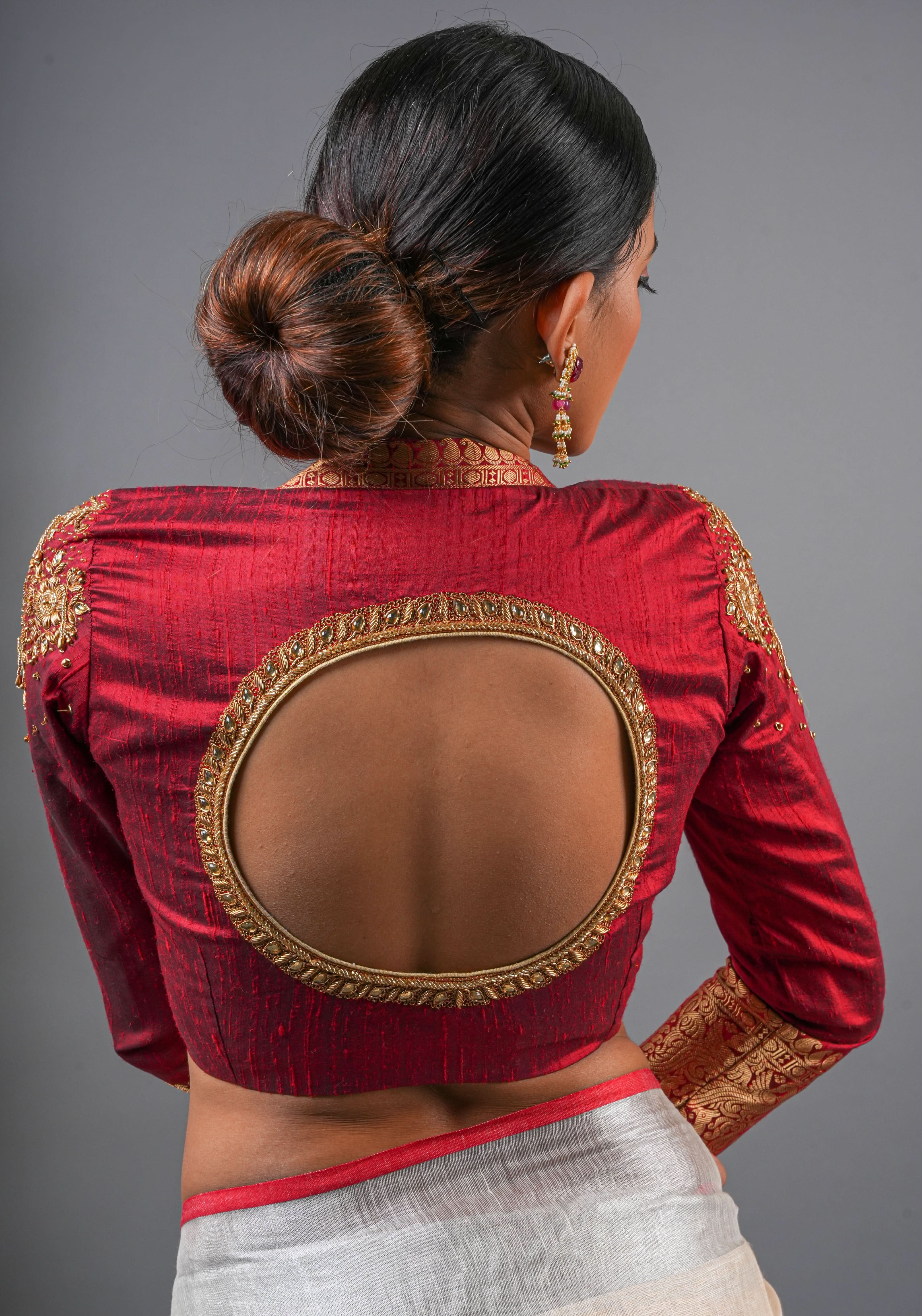 Maroon Pure raw silk blouse with full sleeves and Heavy Zardozi work on upper sleeve and back, Made to Order | Shobitam