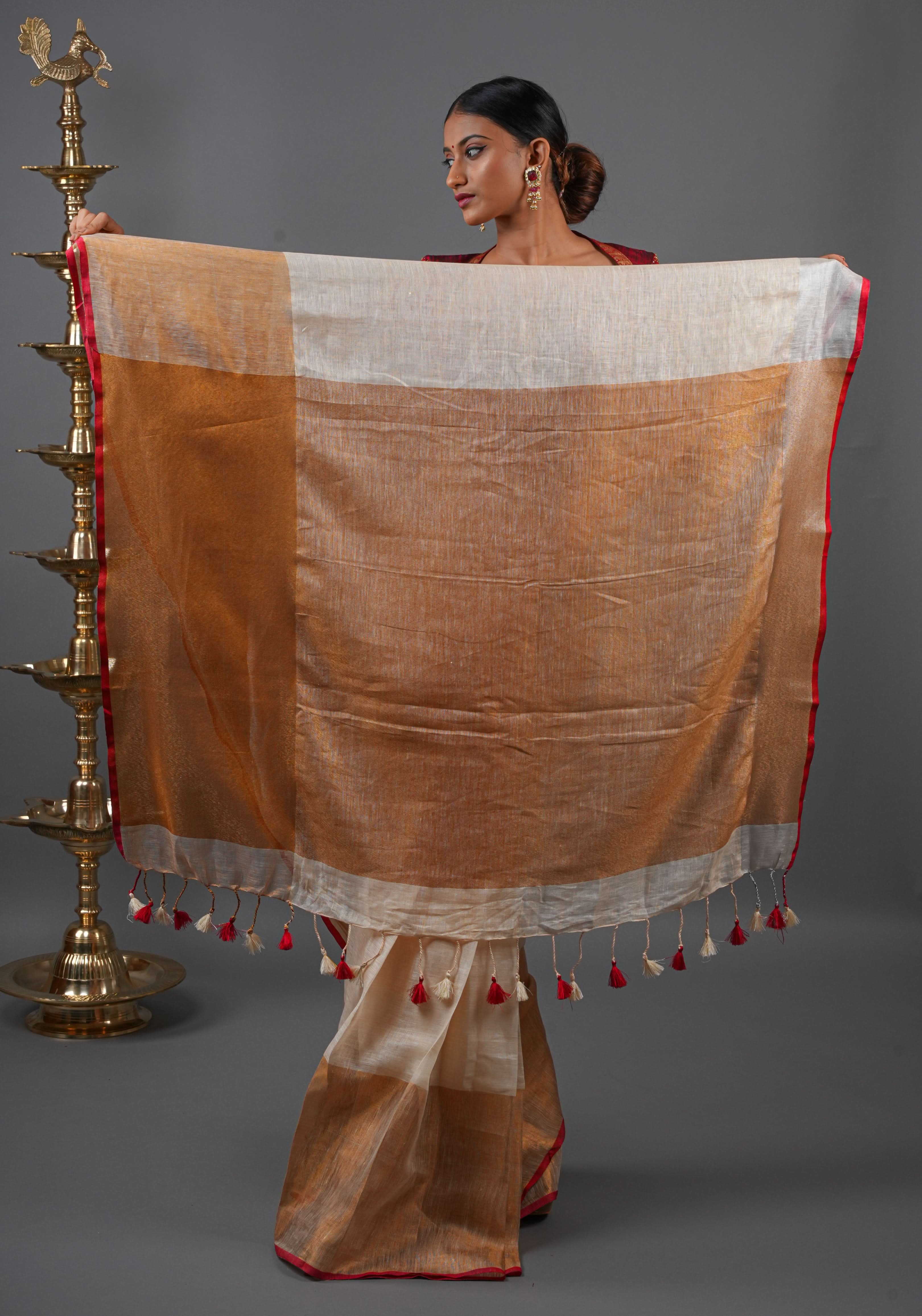 Ivory Ganga Jamuna Zari Border Pure Linen by Linen Saree | Shobitam