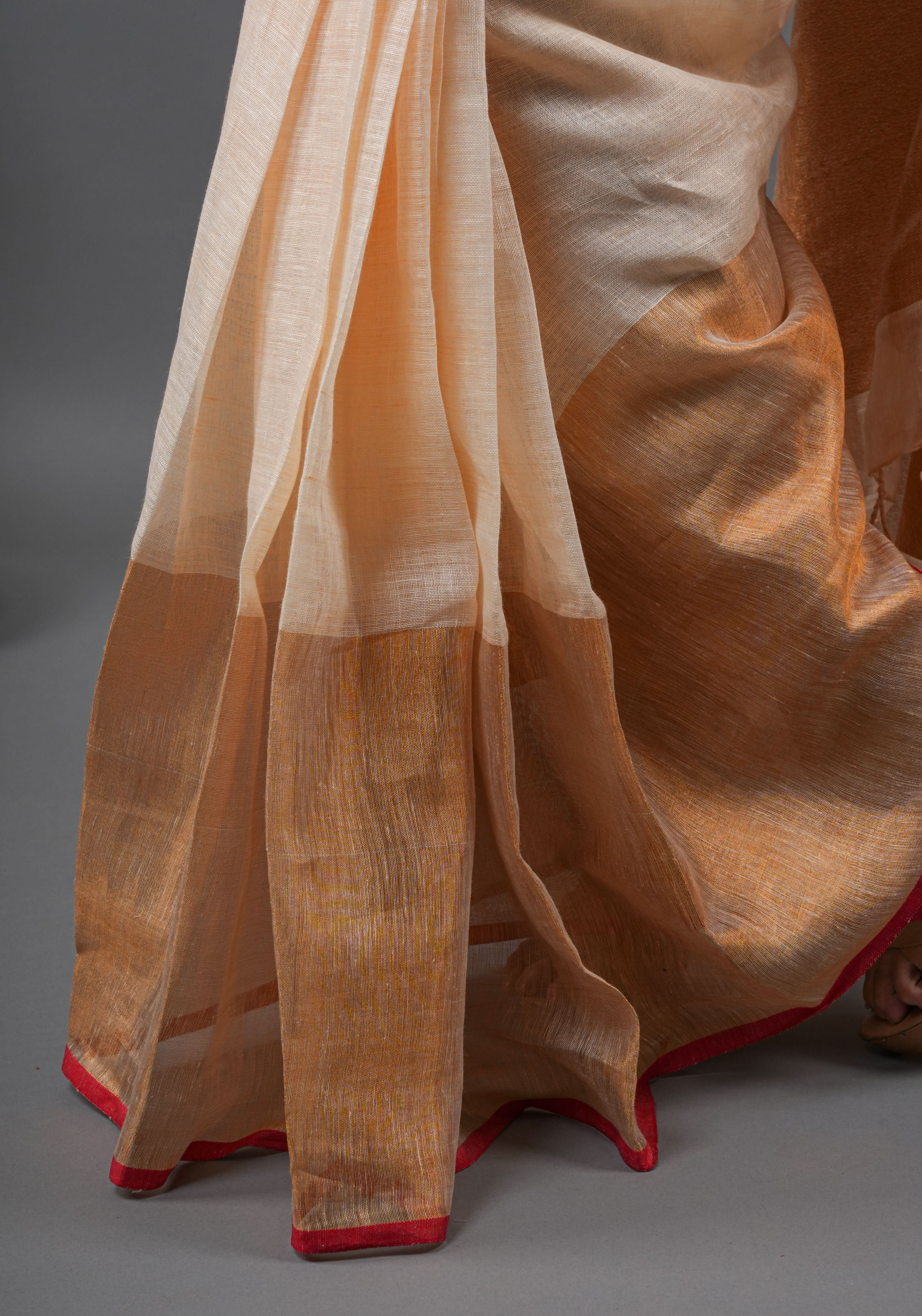 Ivory Ganga Jamuna Zari Border Pure Linen by Linen Saree | Shobitam
