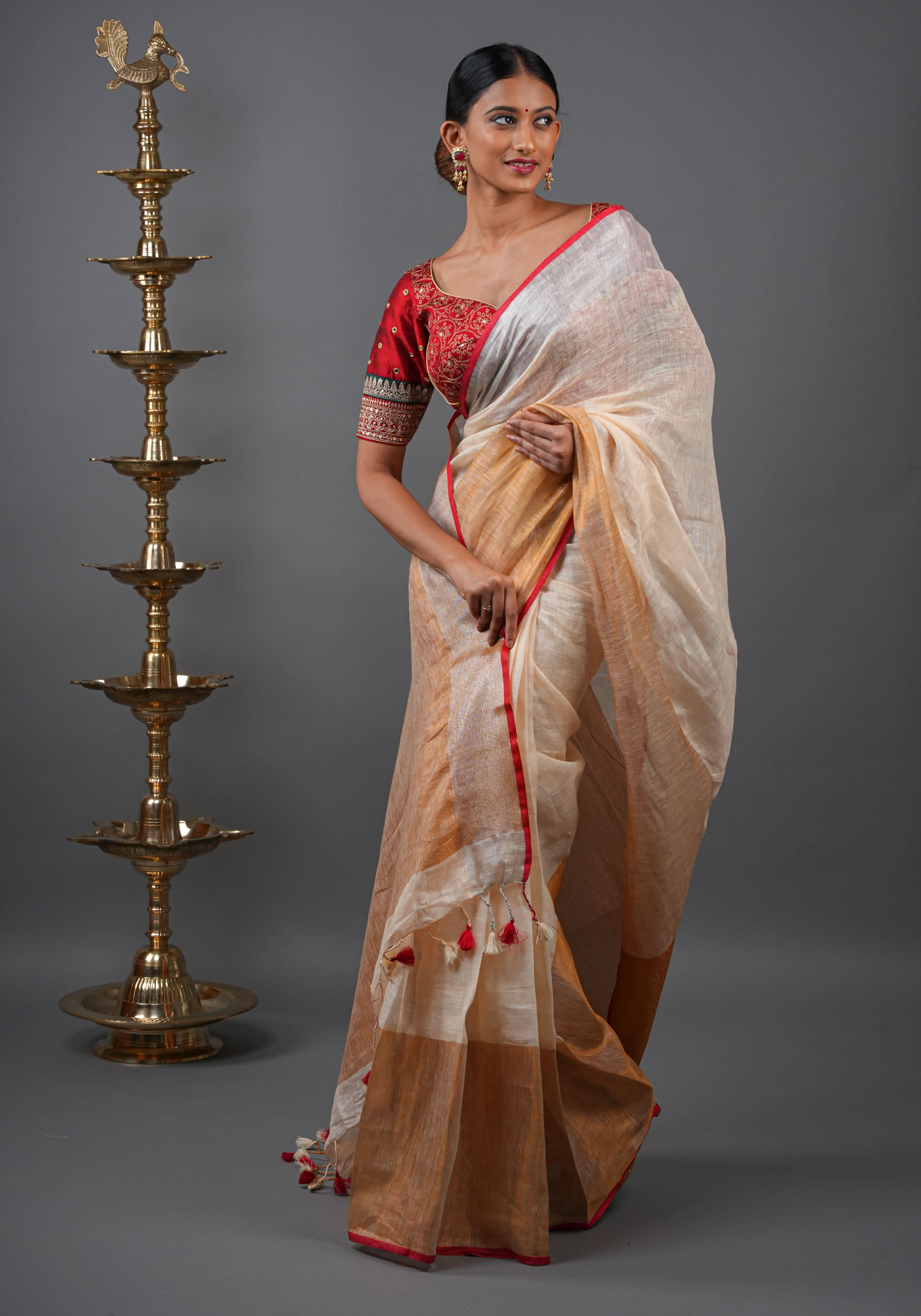 Ivory Ganga Jamuna Zari Border Pure Linen by Linen Saree | Shobitam