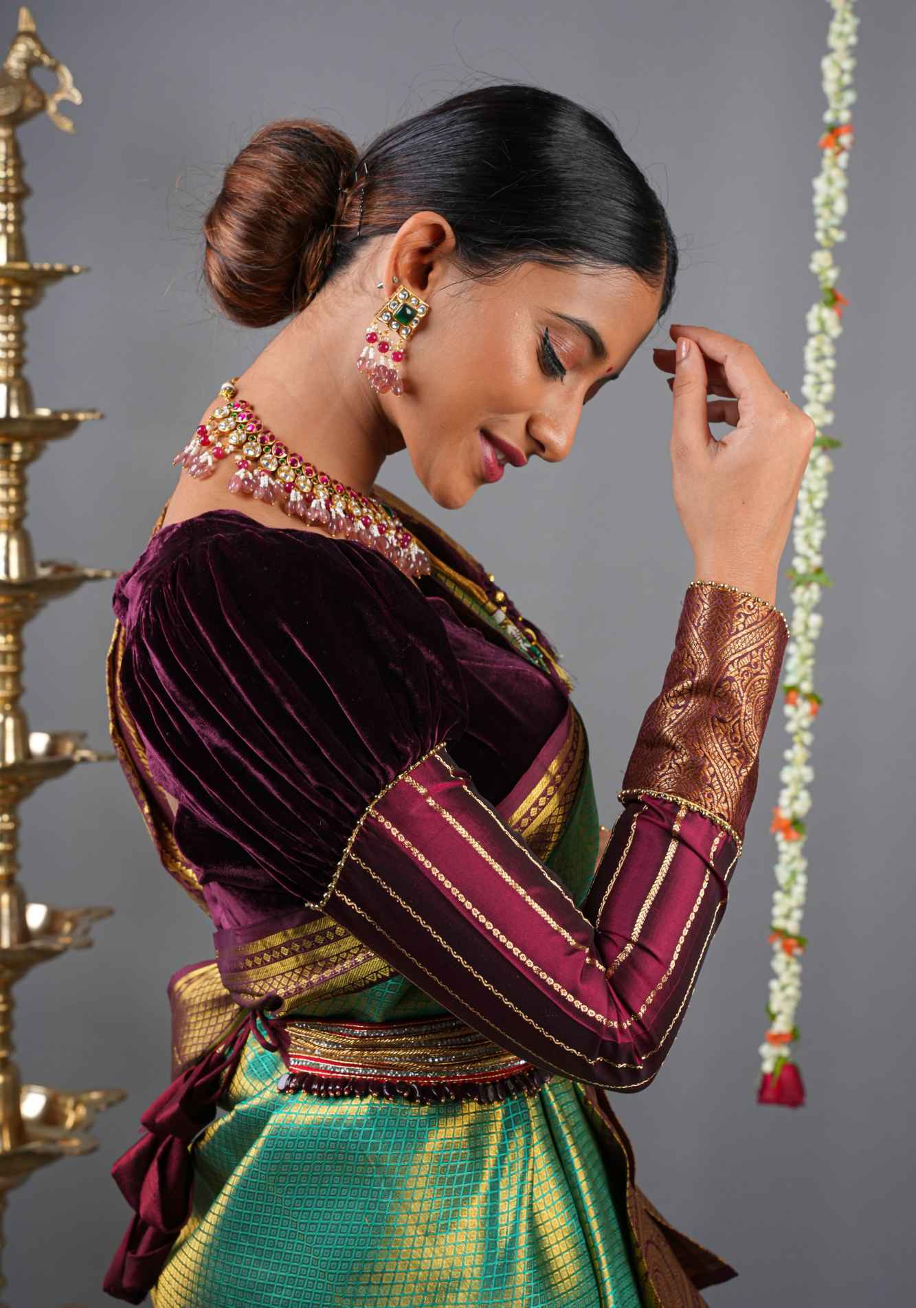 Made To Order: Pure Silk Velvet Scallop neck blouse with pure silk sleevs puff detailing