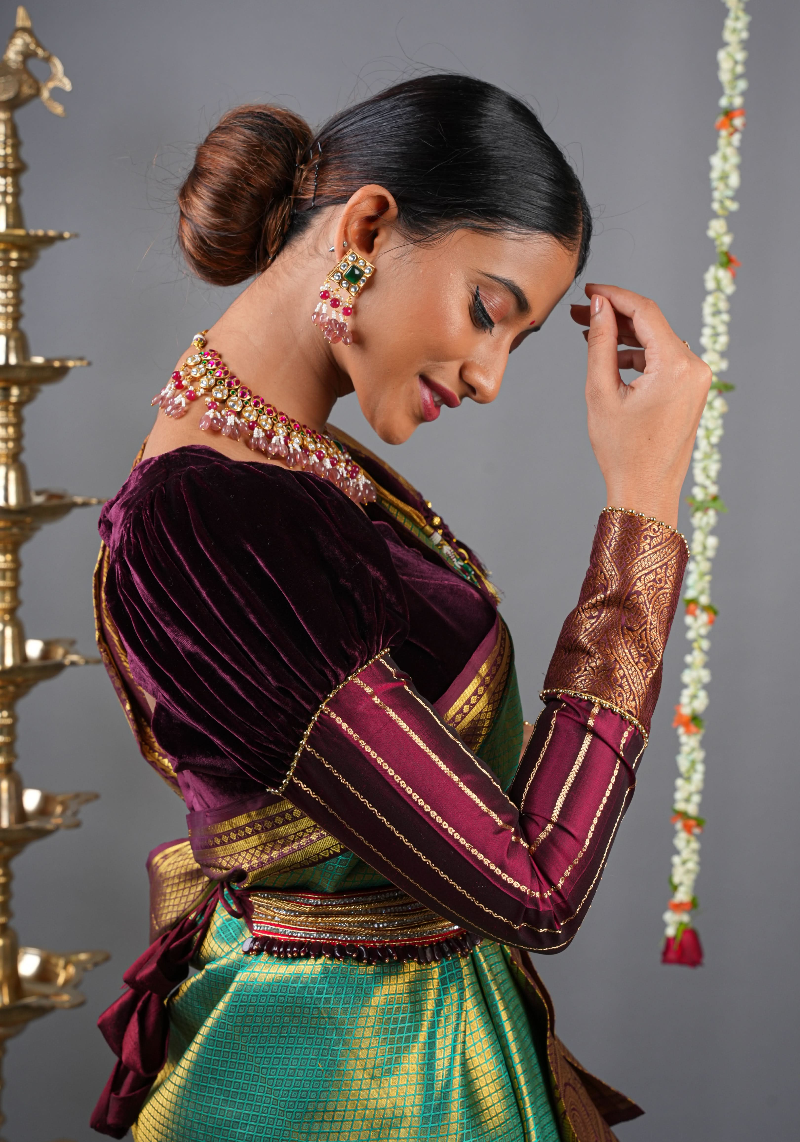 Made To Order: Pure Silk Velvet Scallop neck blouse with pure silk sleevs puff detailing | Shobitam