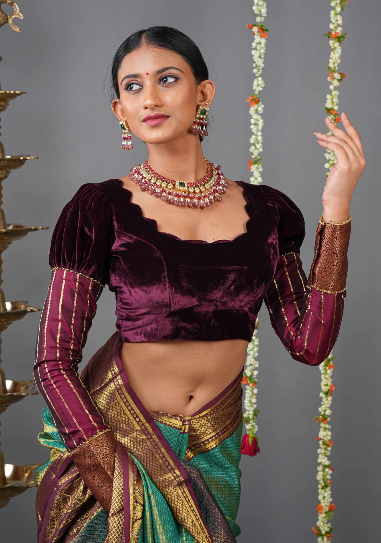 Made To Order: Pure Silk Velvet Scallop neck blouse with pure silk sleevs puff detailing