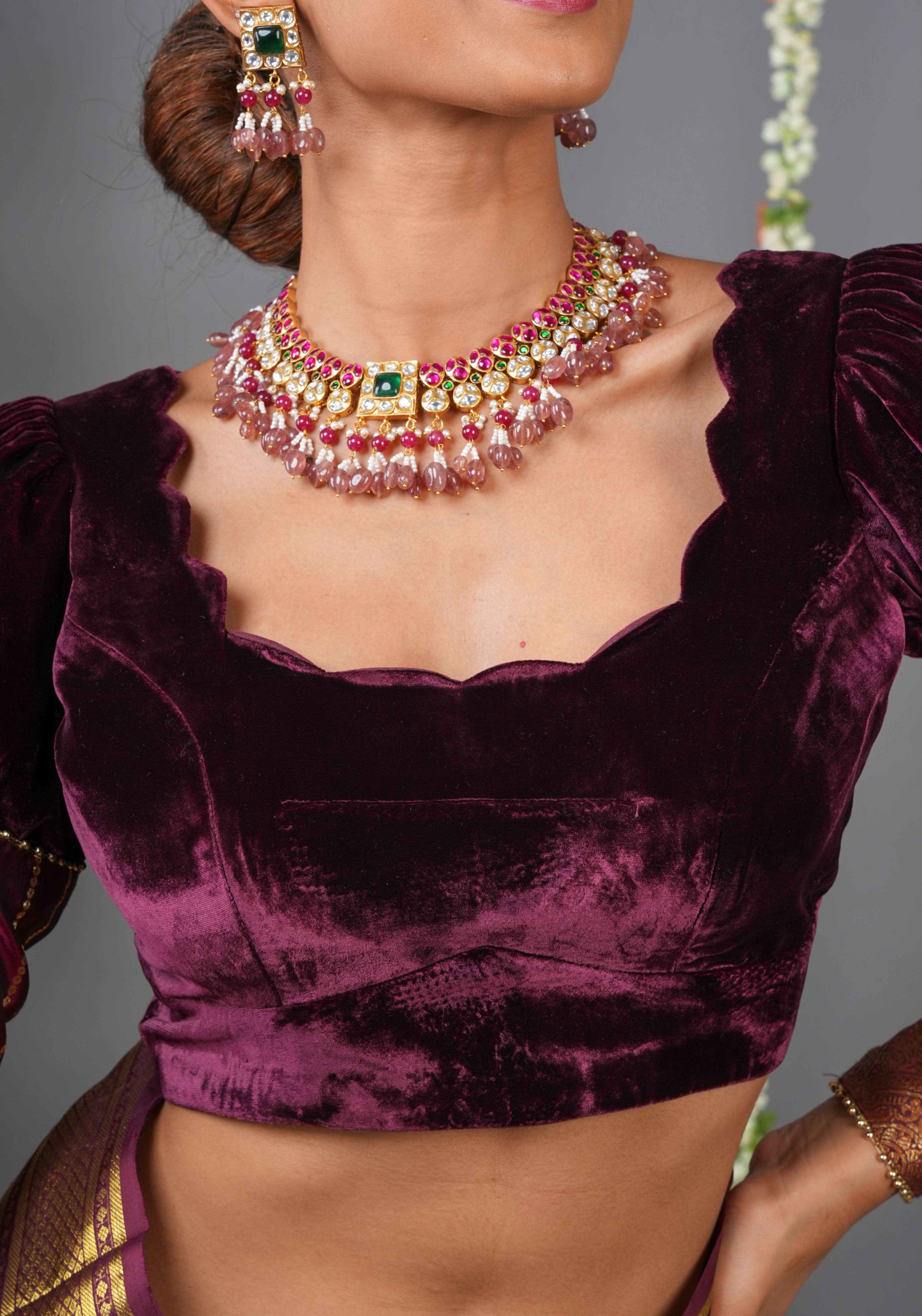 Made To Order: Pure Silk Velvet Scallop neck blouse with pure silk sleevs puff detailing | Shobitam