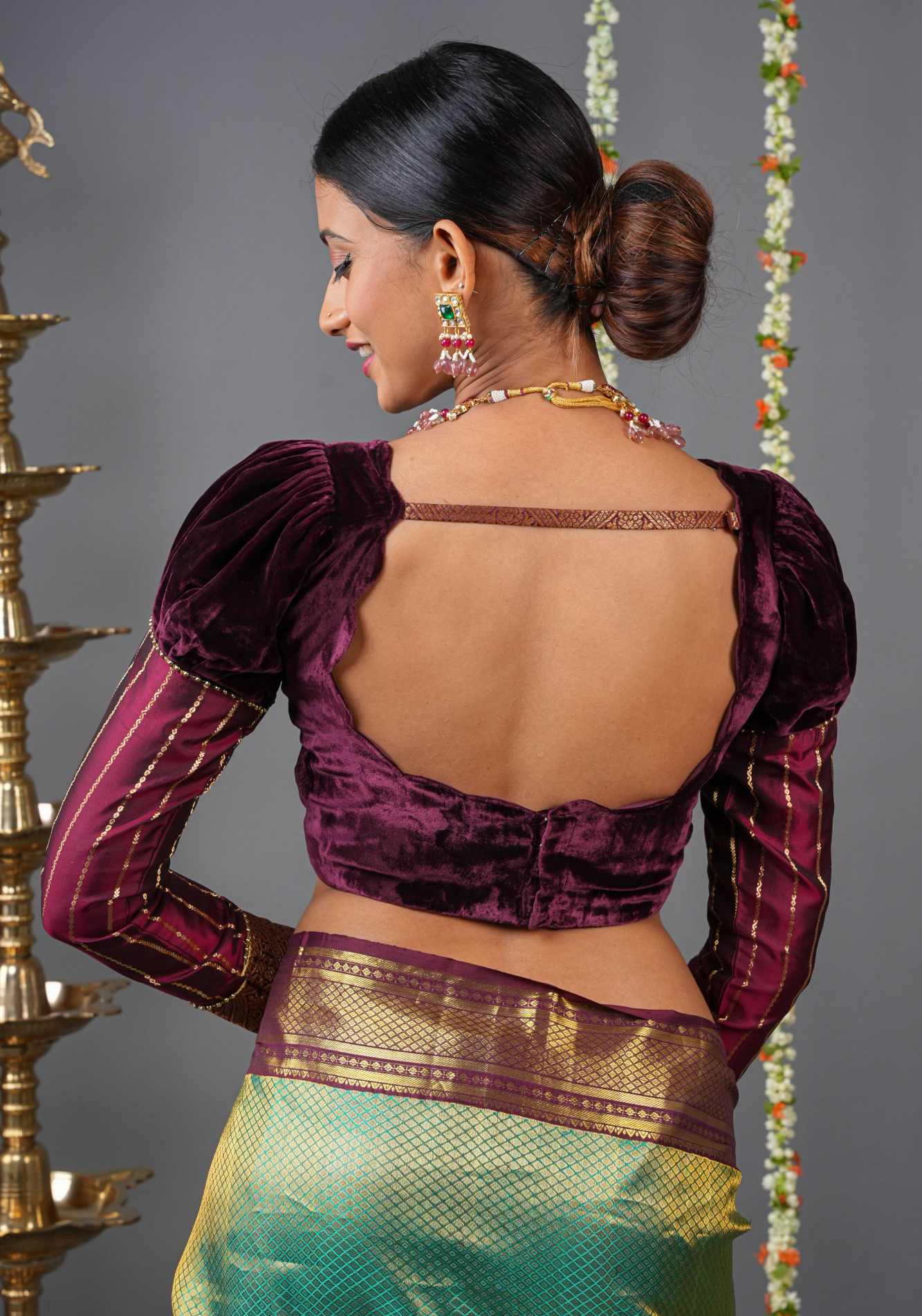 Made To Order: Pure Silk Velvet Scallop neck blouse with pure silk sleevs puff detailing